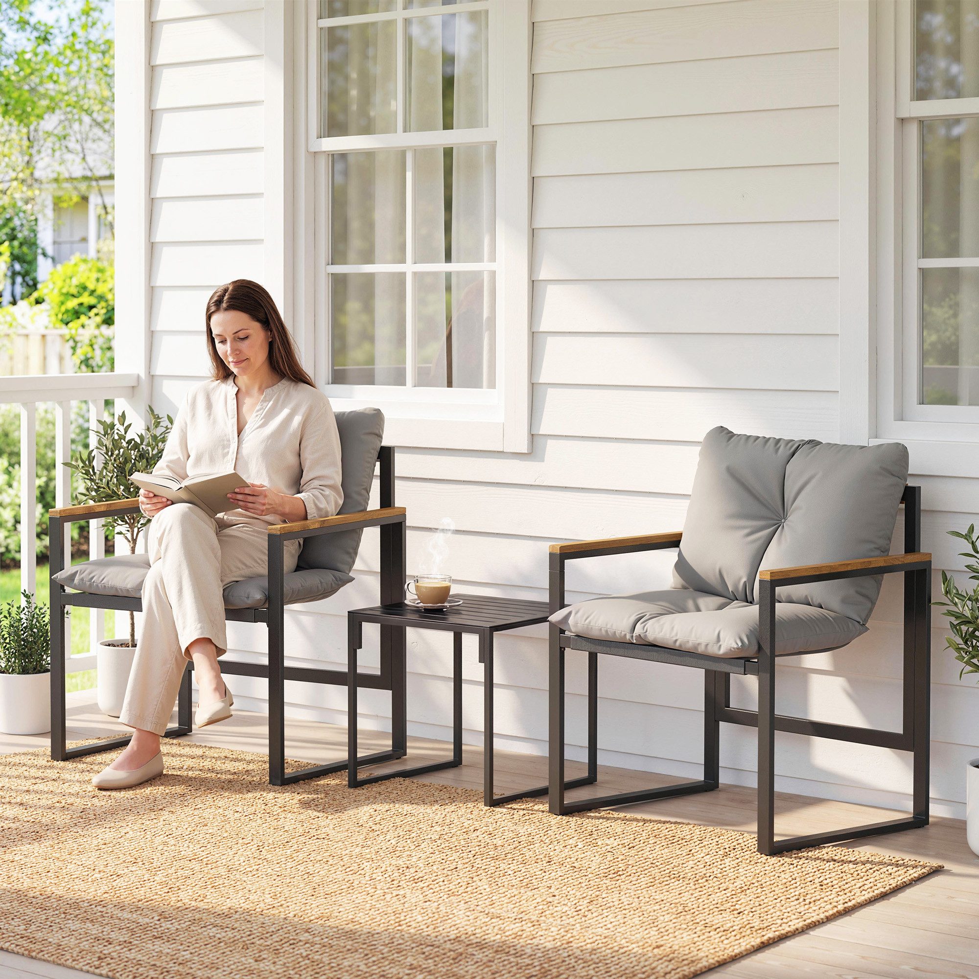 Outsunny Balkonset dicken Polstern Gartenmöbel, (Set, 3-tlg., 1 Tisch, 2 Stühle), 3-teiliges Garten-Bistro-Set