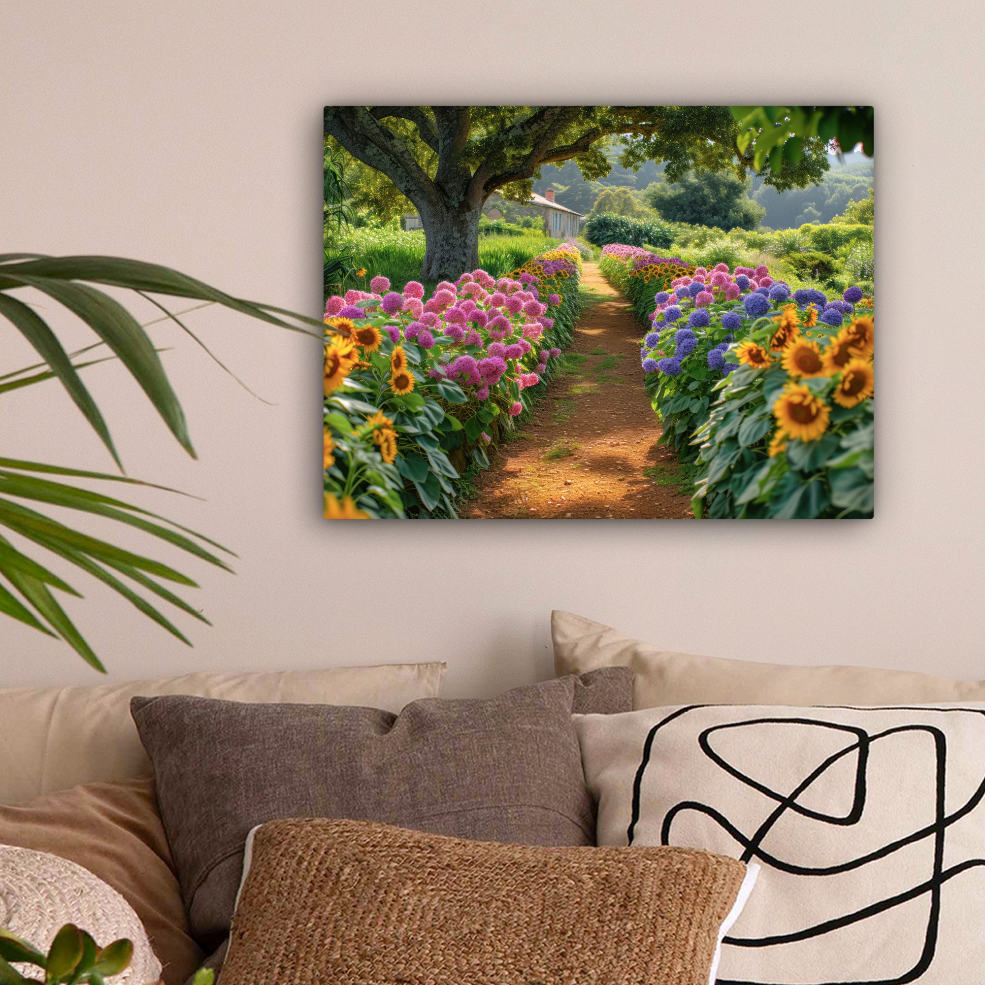 OneMillionCanvasses® Leinwandbild Blumen - Weg - Sonnenblumen - Garten - Hortensie, Fotodruck (1 St), Wandbild Leinwandbilder, Aufhängefertig, Wanddeko 40x30 cm