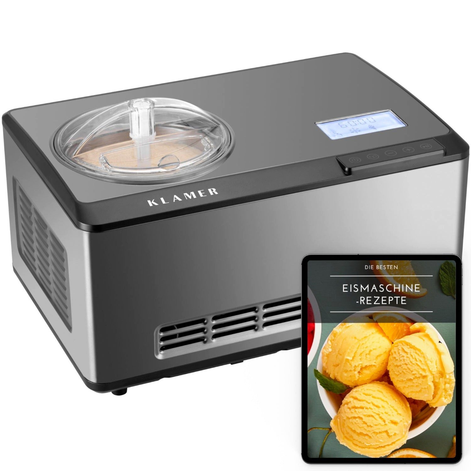KLAMER Eismaschine mit Kompressor 2L 180W, Edelstahl, 3-in-1 Joghurtbereiter, Kühl- & He…, 2 l, 180 W, Raffiniertes Rührsystem, Nachfüllklappe, digitales Rezeptbuch