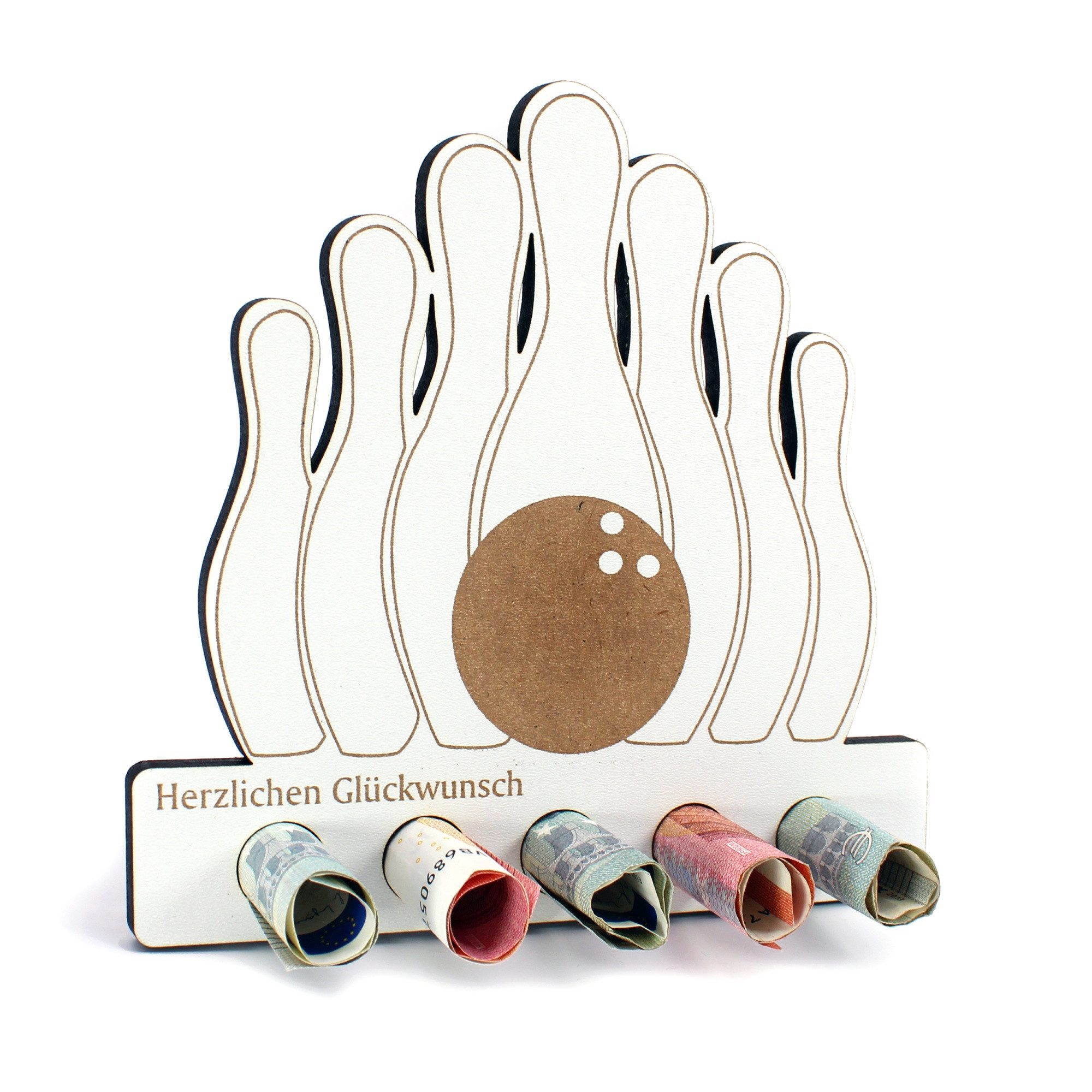 Dekolando Geschenkkarte Geschenk Geldgeschenk für Bowling-Fans HDF Holzschild mit 5 Geldschein