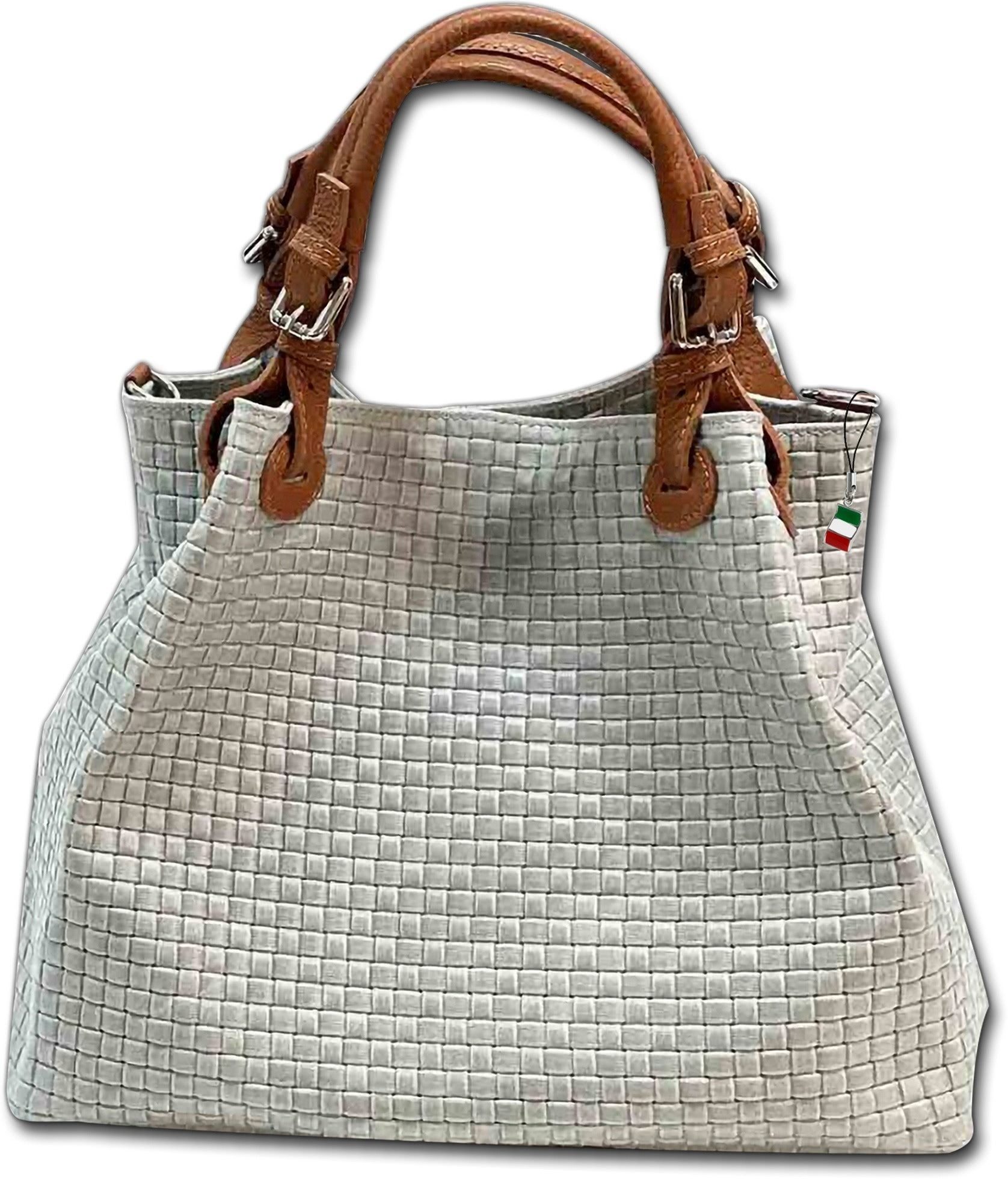 FLORENCE Handtasche grau braun Florence Tasche (Umhängetasche, Umhängetasche), Damen Tasche Echtes Leder grau, braun, geprägtes Flechtmuster