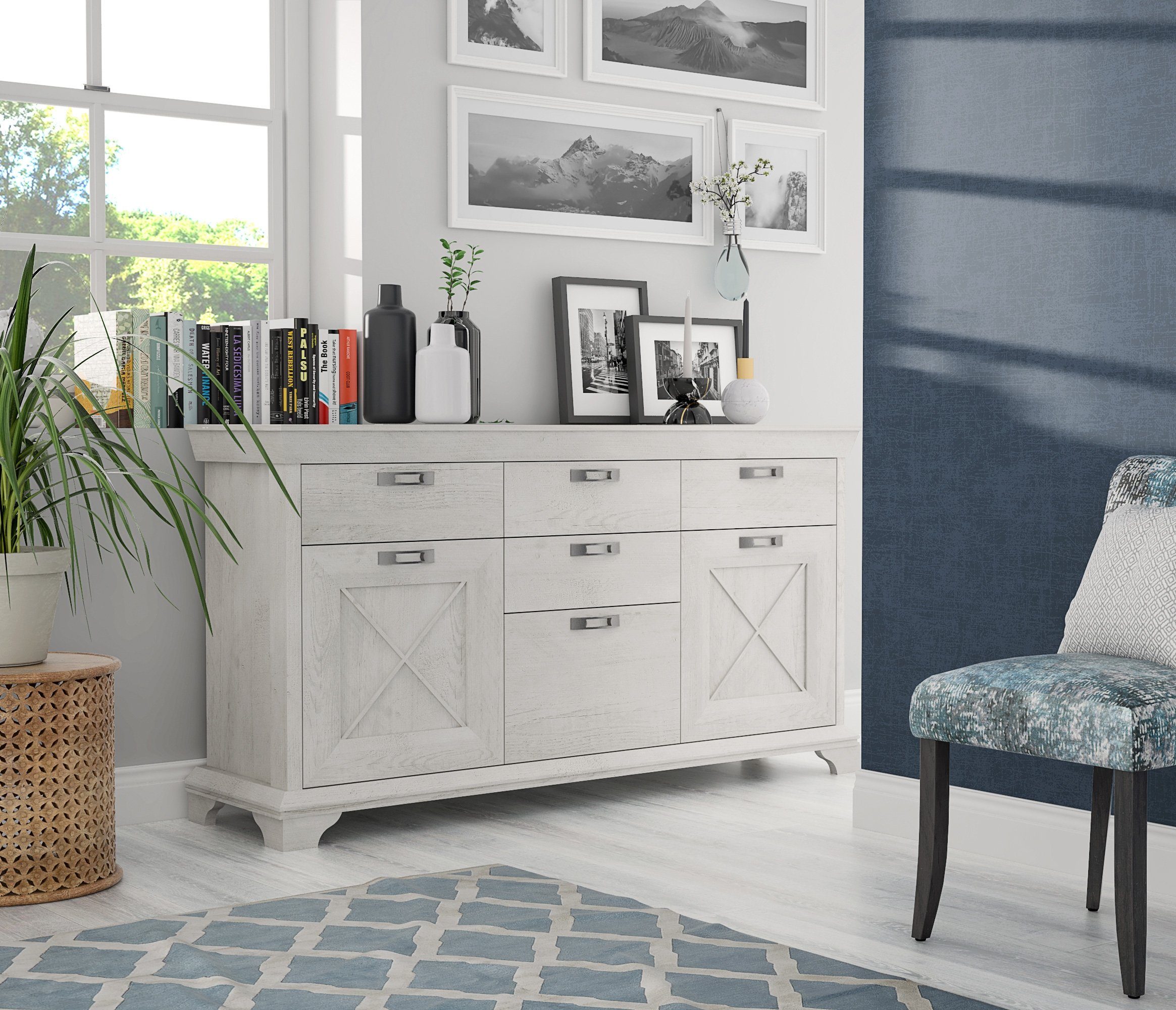 Newroom Highboard Pinie Weiß 178 cm, Highboard Pinie Weiß Modern Landhaus Kommode Sideboard Wohnzimmer