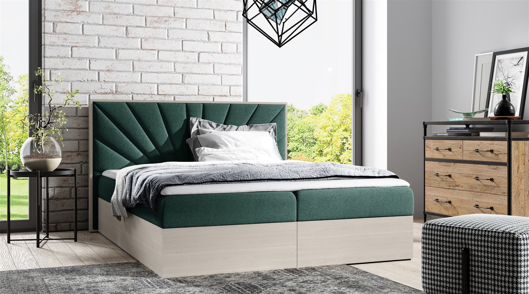 Boxbett Schlafzimmerbett DAIMON in Stoff u. Nordic-Teak-Optik