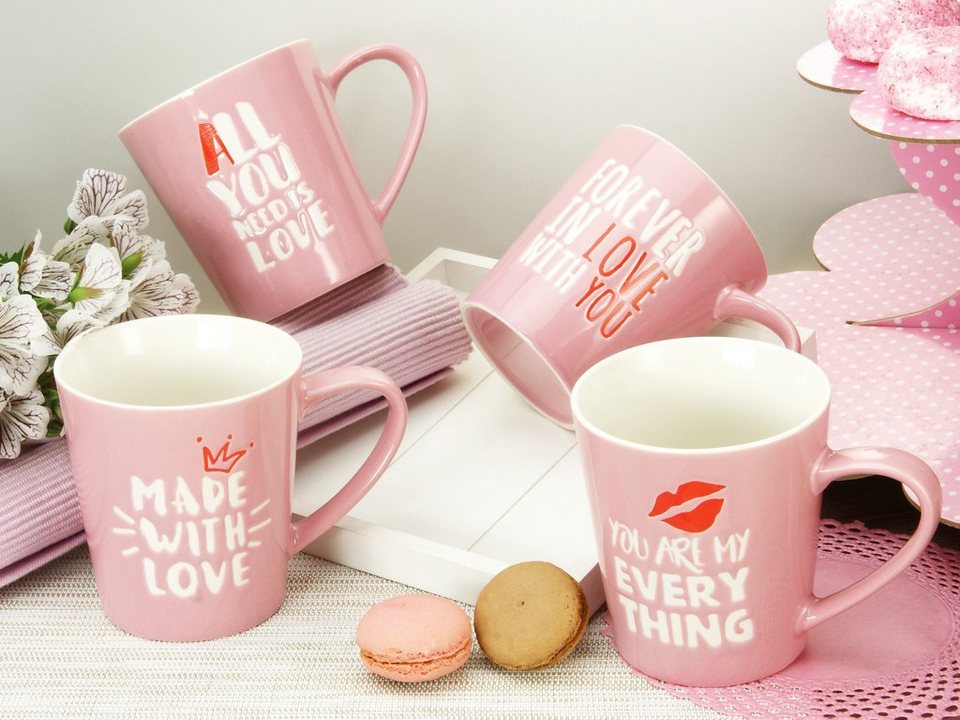 CreaTable Becher Kaffeebecher Love Collection, Porzellan, mit  Liebeserklärung, Tassen Set, 4-teilig, Aus hochwertigem Steinzeug gefertigt
