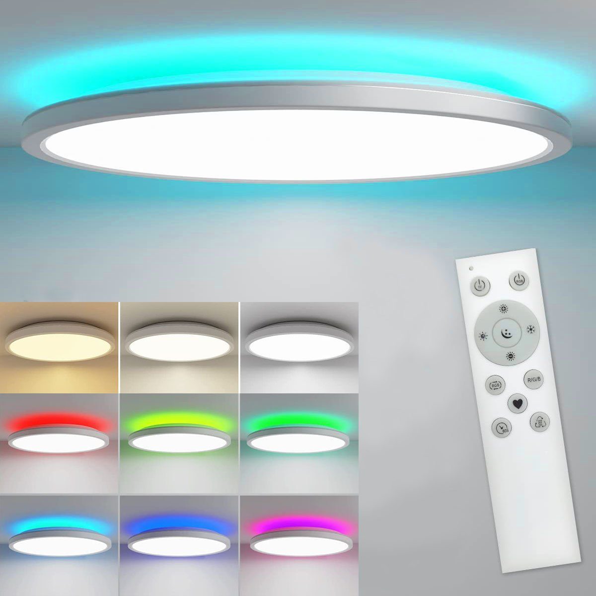 oyajia Deckenleuchte 28W LED Deckenleuchte RGB Farbwechsel Lamp, Dimmbar  mit Fernbedienung, LED fest integriert, 3000K-6000K-4500K-Nachtlicht-RGB,  IP54 Wasserdicht Rund Lampen, für Schlafzimmer Kinderzimmer Wohnzimmer