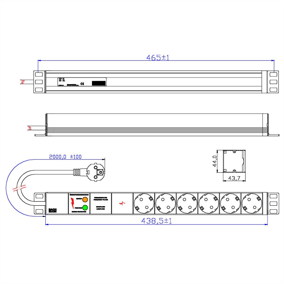 Bachmann 19" Steckdosenleiste 6-fach mit GVS ohne Schalter Steckdosenleiste (Kabellänge 2 m)