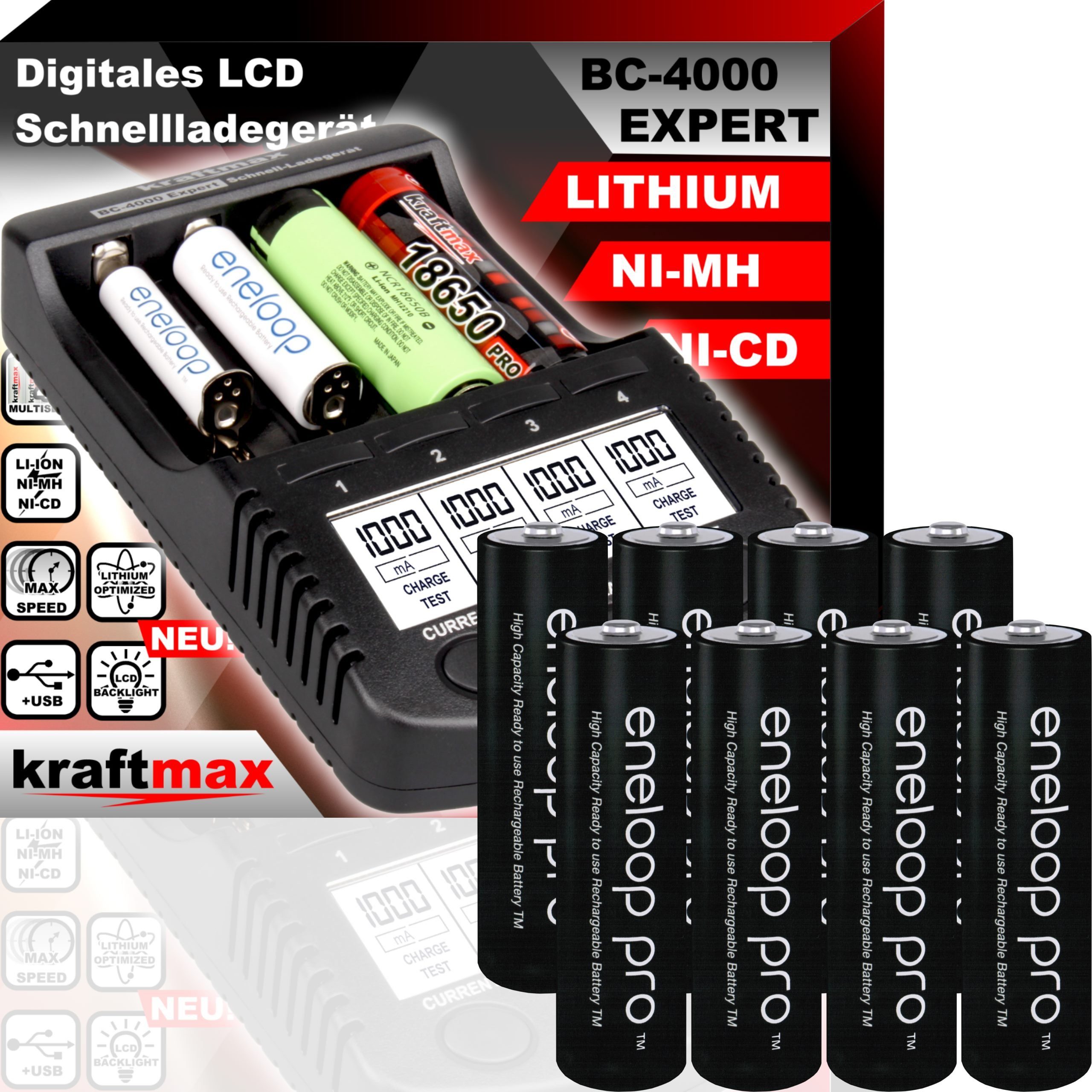 kraftmax Batterietester BC-4000 EXPERT Ladegerät + 8 Panasonic Eneloop Pro Mignon AA Akkus, (1 St) | Spannungsprüfer