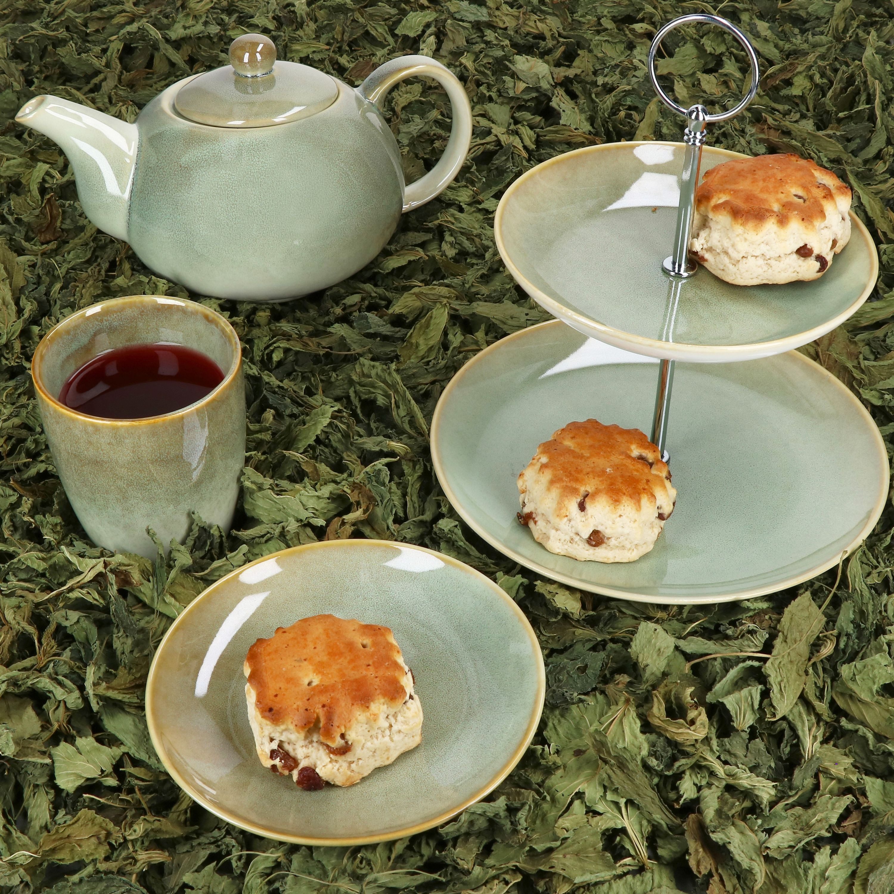 MamboCat Teekanne 10tlg Teeset Scones Grün Etagere Kanne Becher Teller 4 Pers Teeservice