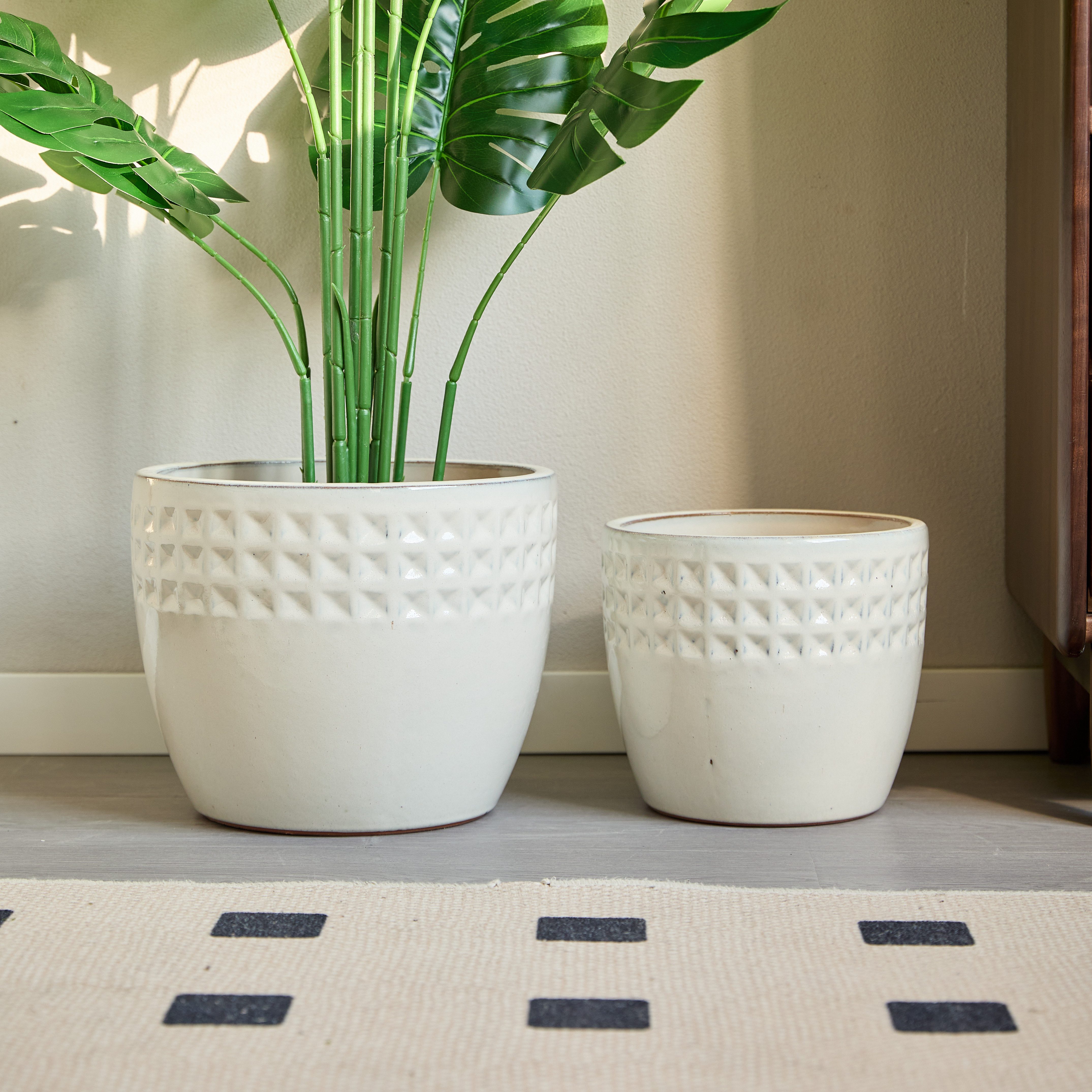 BBWL Blumentopf Keramikpflanzset 3-teilig mit Rautenmuster weiß/grün, handgefertigt (3 St), wetterfest, Drainage, ideal für Sukkulenten,Kräuter und Zimmerpflanzen