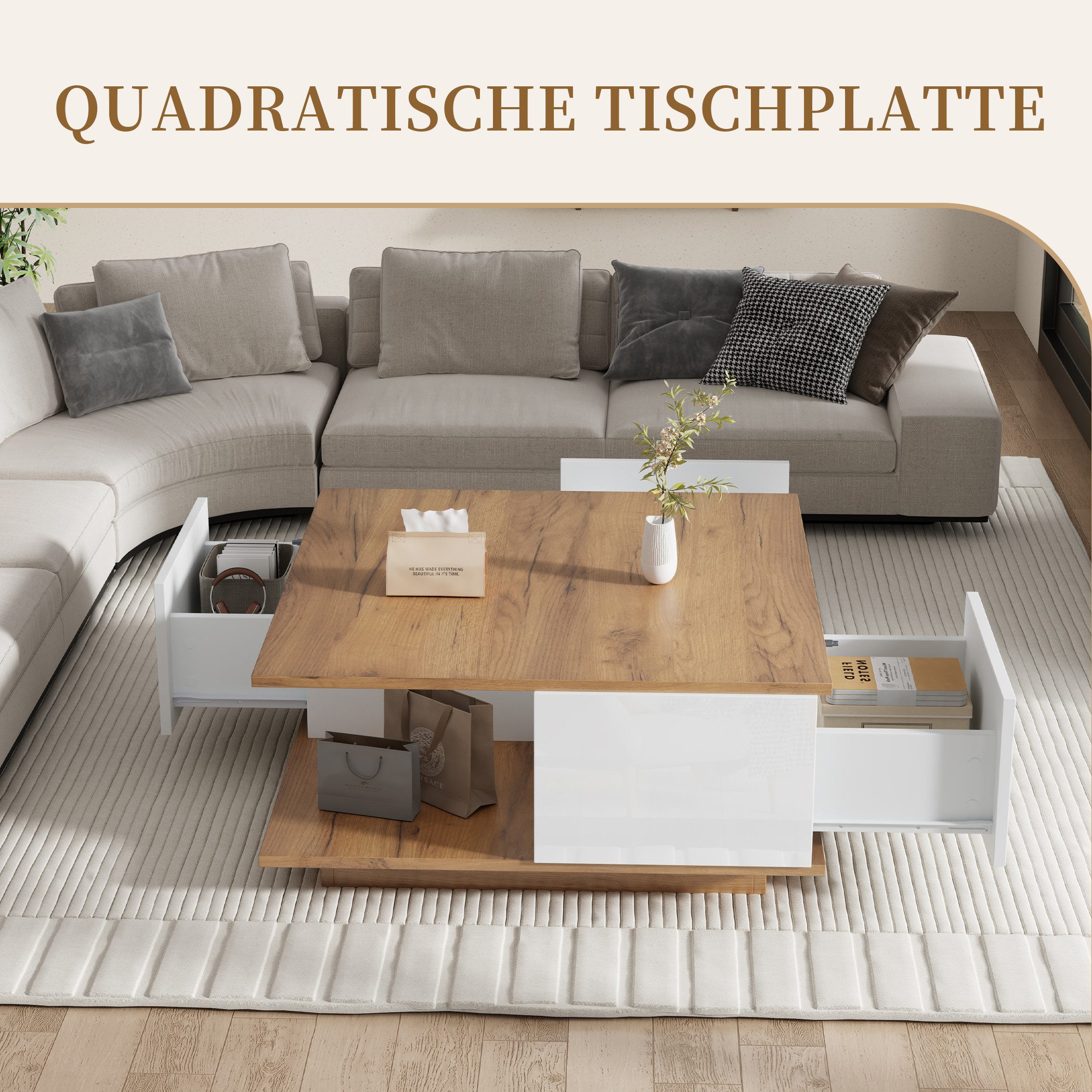 SeedWave Couchtisch Stivoller Doppelstöckiger Sofatisch mit 3 Schubladen, 1 Ablagefach, Schubladen mit hochglänzenden Oberflächen, Basen mit rutschfeste Pads