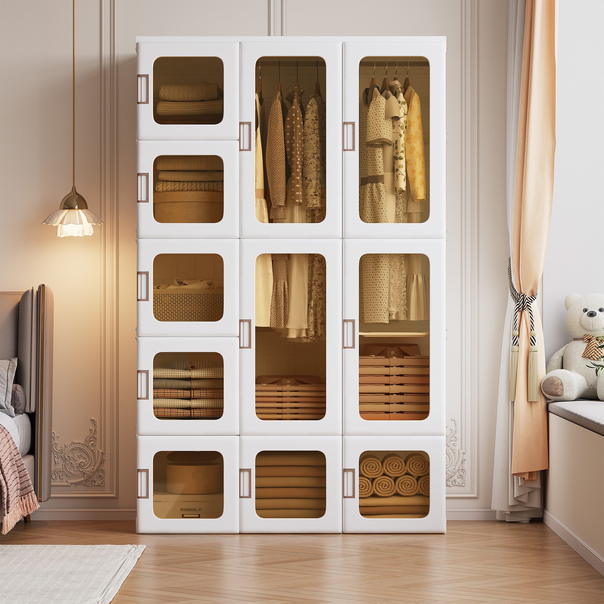 FUROKOY Kleiderschrank Garderobenschrank Faltbarer Kleiderschrank mit Transparente Tür (Set, 1-St., Drehtürenschrank mit 15 Fächer+11 Türen+2 Kleiderstange) Hochschränke Mehrzweckschrank für Schlafzimmer