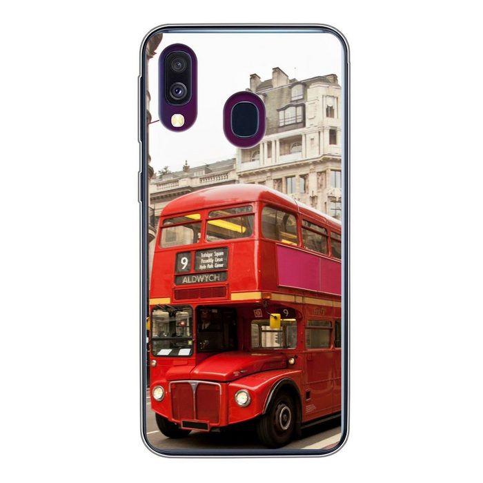 MuchoWow Handyhülle Ein roter Doppeldeckerbus in London Handyhülle Samsung Galaxy A40 Smartphone-Bumper Print Handy