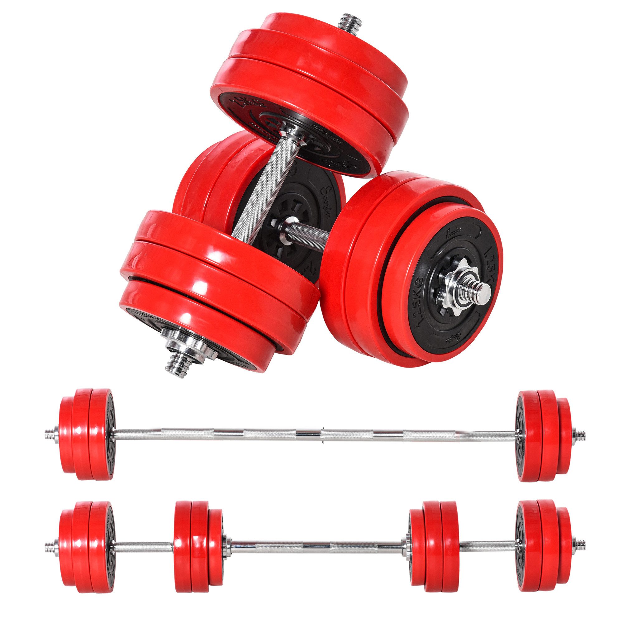 HOMCOM Hantel-Set 30KGS 2-IN-1 Hanteln&Langhanteln, (Krafttrainingsset, Gewichthebensset), Stahl Eisen Sand Rot+Schwarz