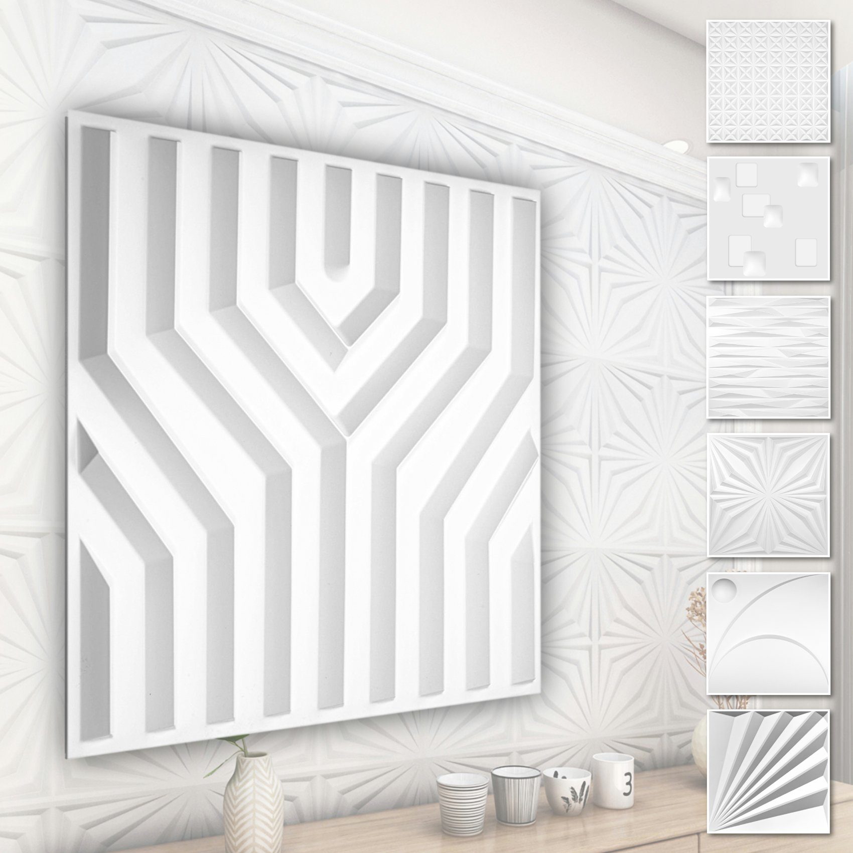 Hexim Wanddekoobjekt HD123 (PVC Kunststoff - weiße Wandverkleidung mit 3D Optik - Abstrakte Motive (3 qm 12 Platten) Hintergrund Decke Gaming)