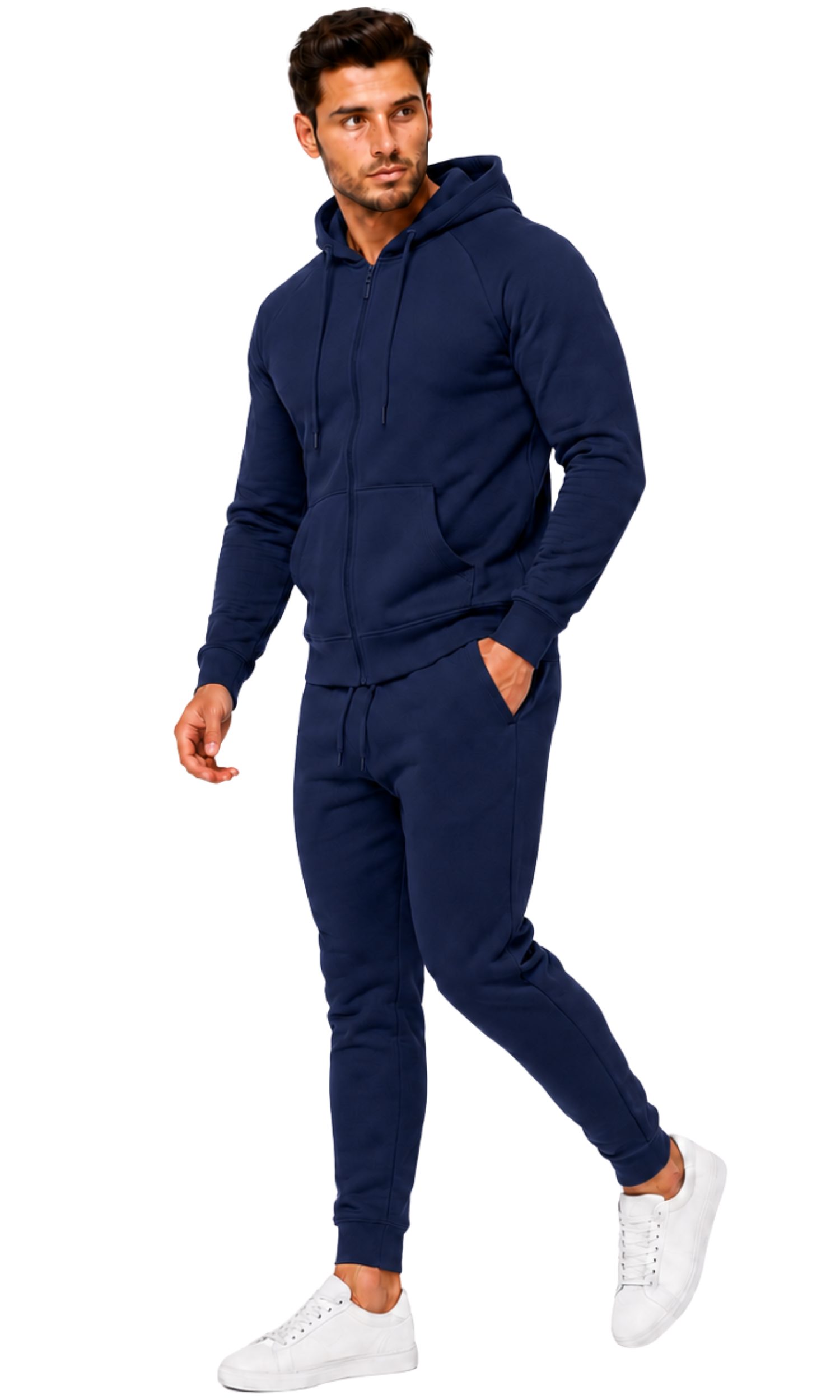 L.gonline Freizeitanzug Herren Jogginganzug einfarbig 100% BW 586 Navy XL (Kapuzenjacke mit Reißverschluss, Hose, 2-tlg), Fitness Freizeit Casual