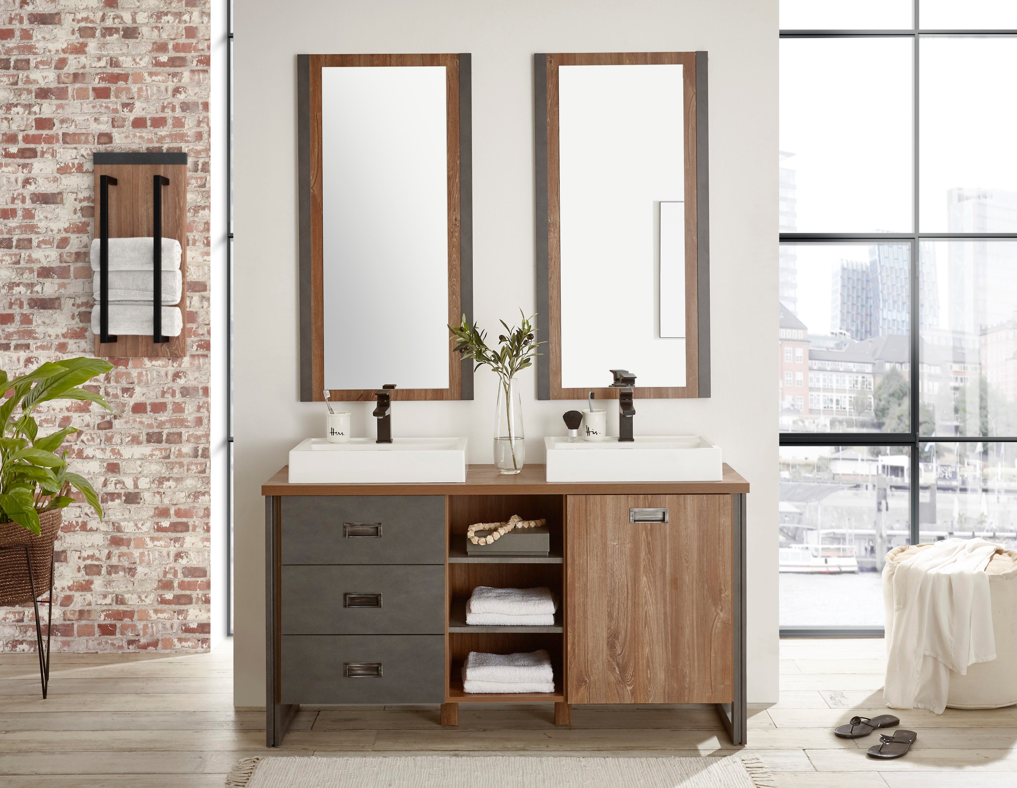 Home affaire Badmöbel-Set Detroit, Bad im Industrialdesign, 2-teiliges Badezimmer, (Set, 3-St), Waschtisch und Spiegel, inkl. zwei Aufsatzwaschbecken aus Mineralguss
