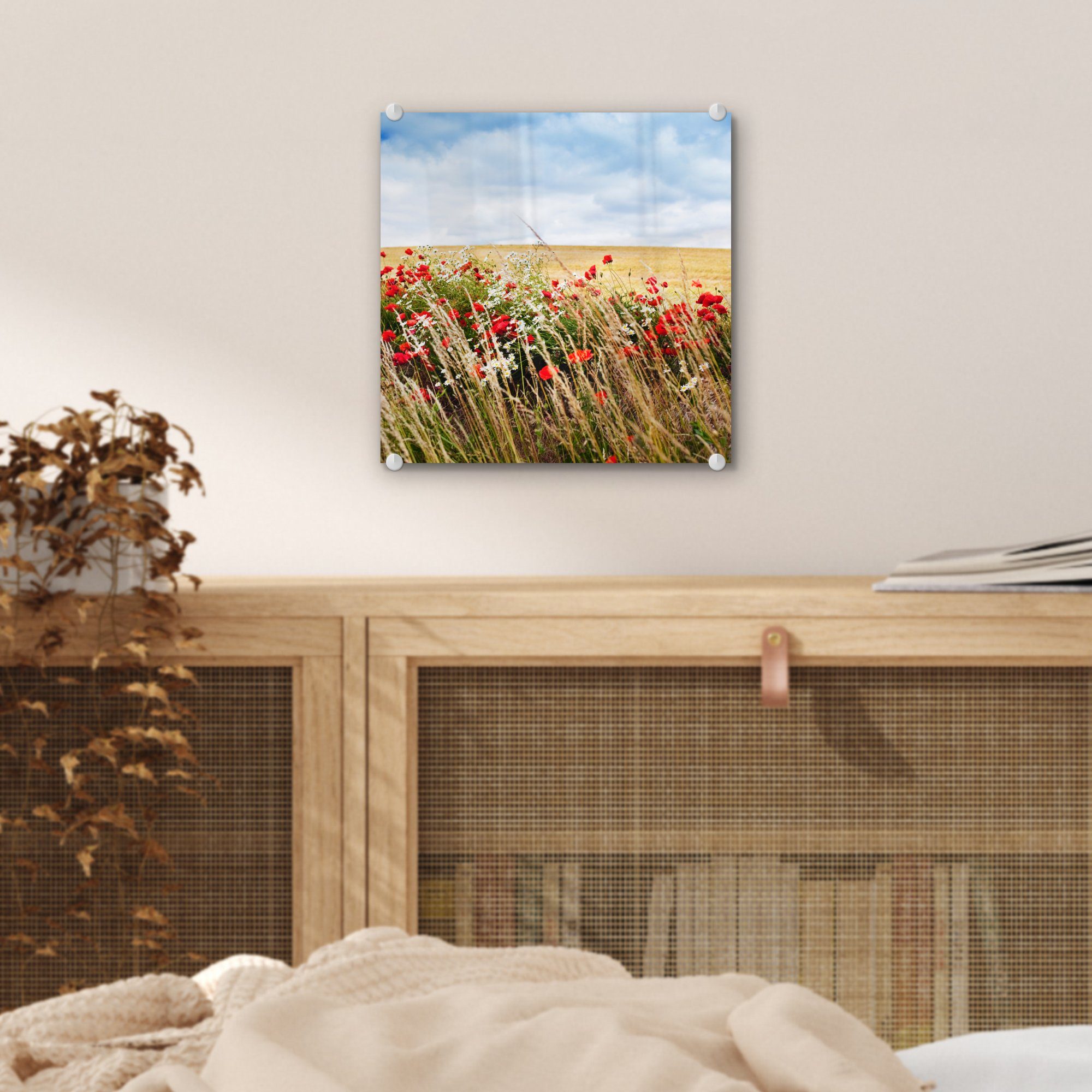 MuchoWow Acrylglasbild - Foto Bilder Glas Glas Wolken Wandbild Rot, auf - - Glasbilder St), - Blumen - (1 auf Wanddekoration