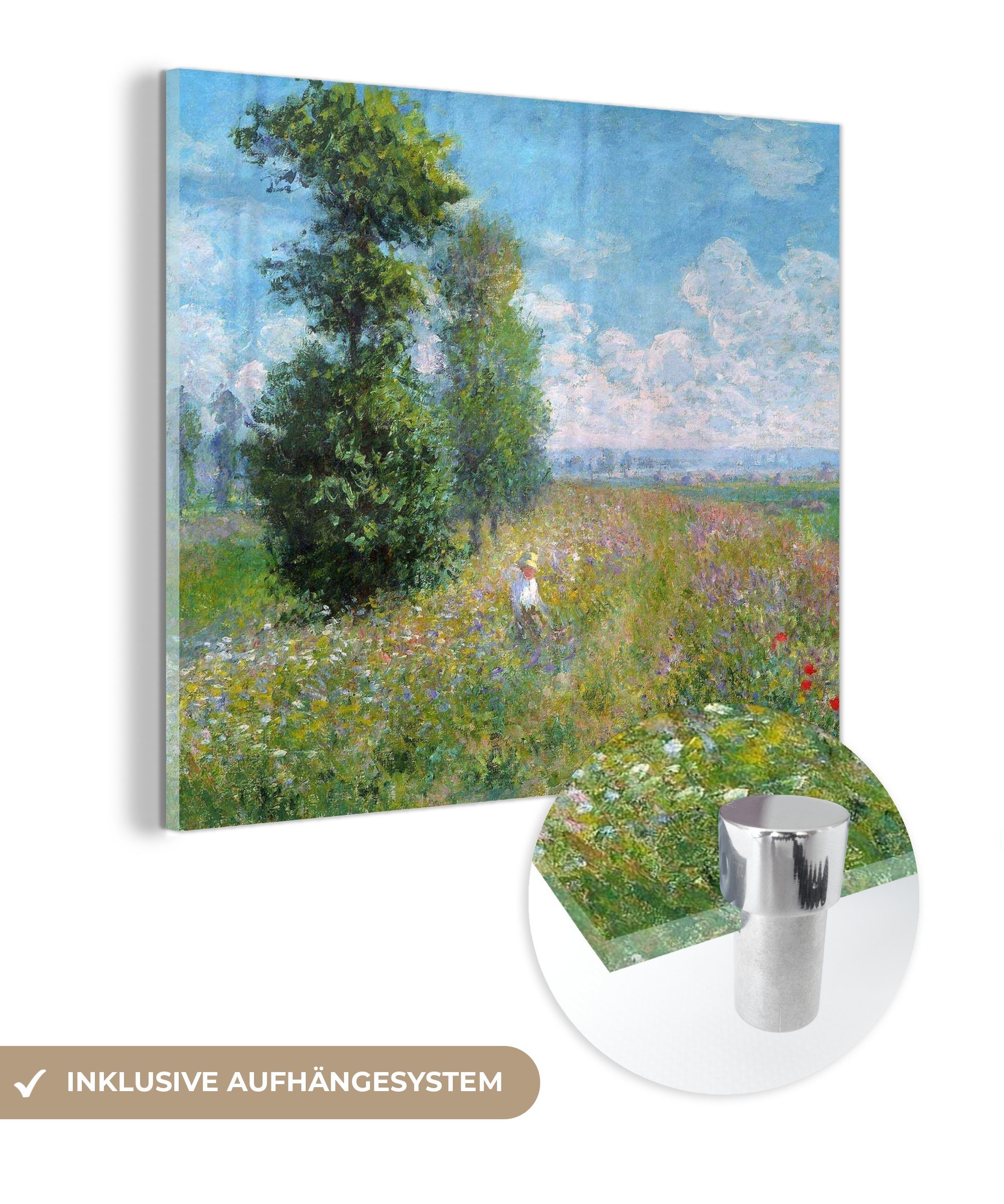 auf Wandbild Glasbilder Claude mit - - MuchoWow Wiese auf Glas St), - (1 Bilder Acrylglasbild - Monet, Glas Wanddekoration Foto Pappeln