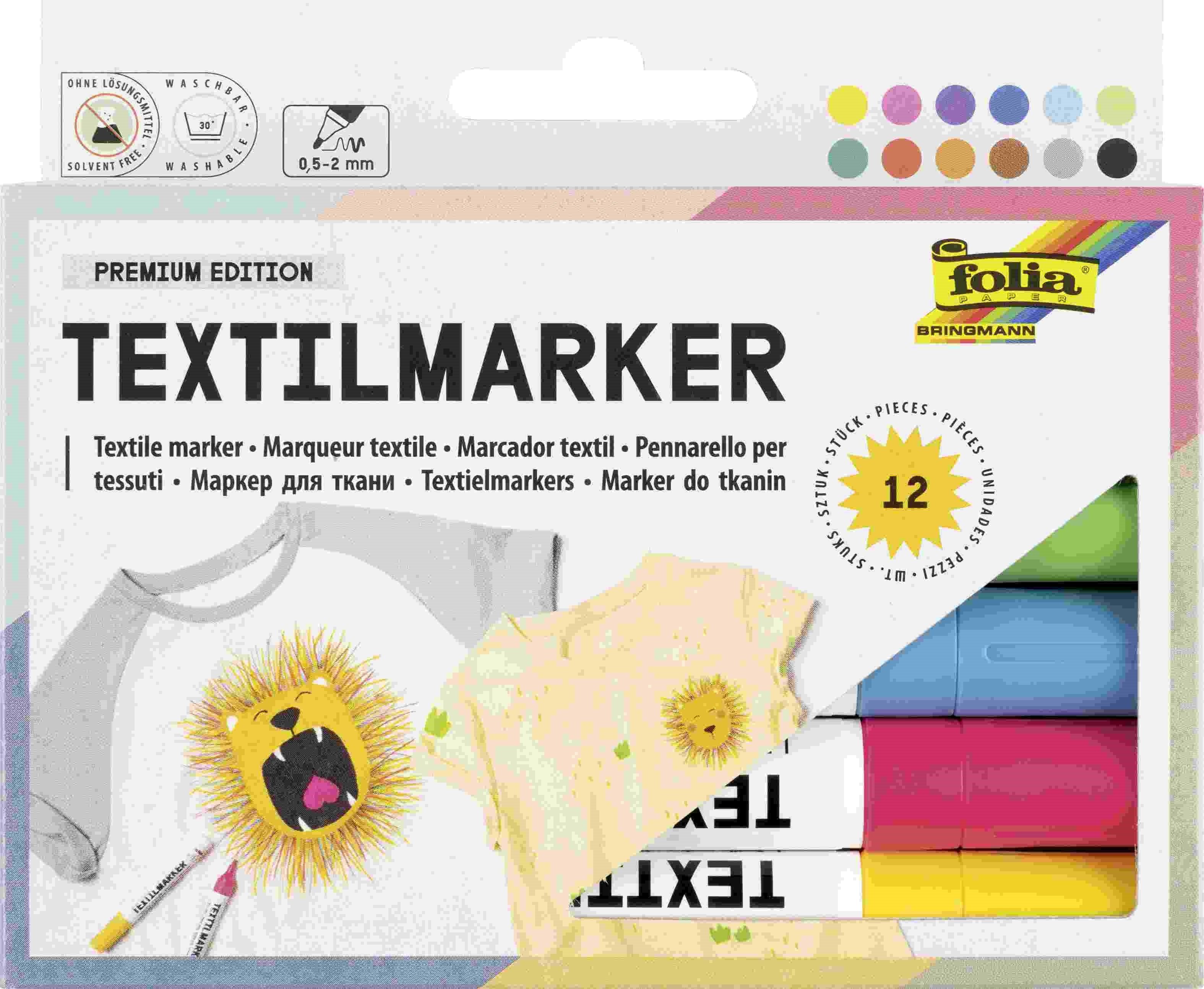 Filzstift Folia Textilmaler, Farbstifte für Textilien 12er Set