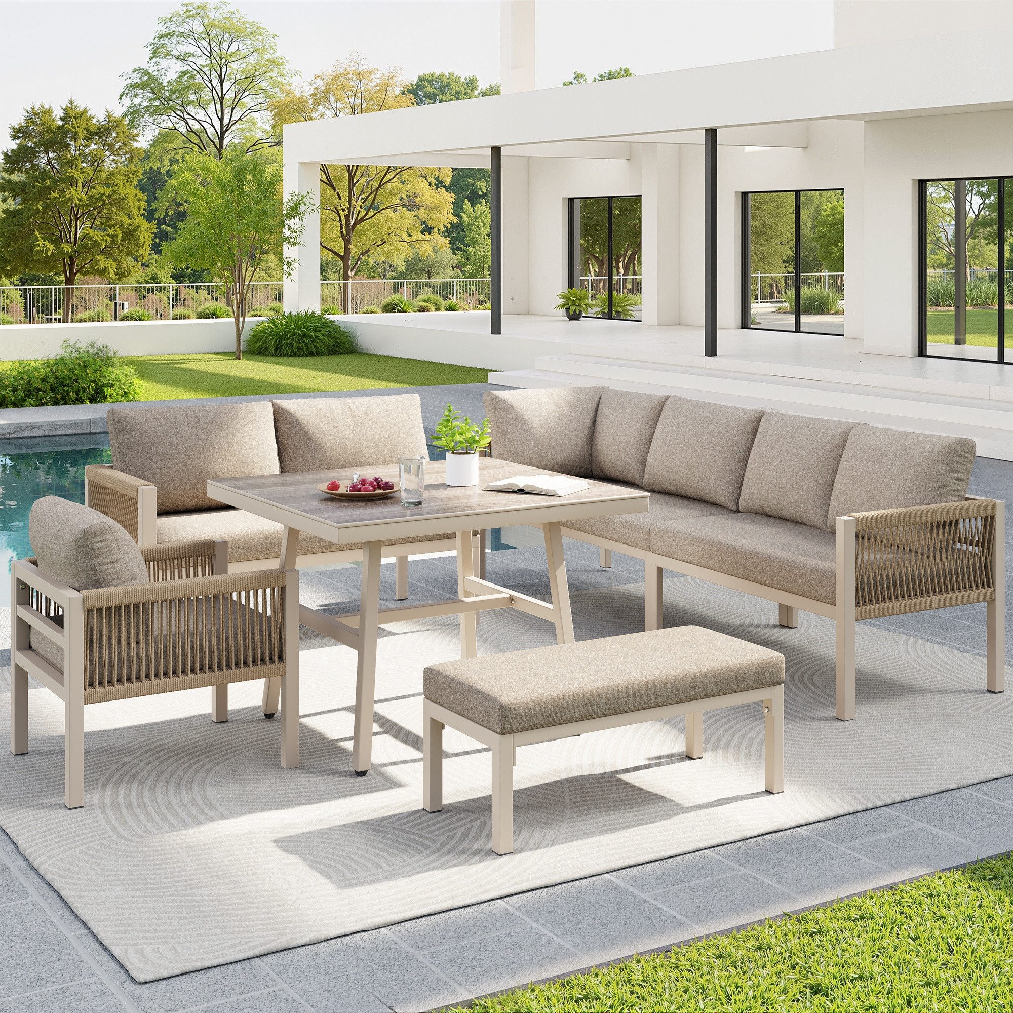 MC Star Gartensofa Handgeflochtene Gartensofa-Garnitur in L-Form für bis zu 8 Personen, Robustes Eisengestell mit beigen Polstern / Komplett mit Tisch (Holzoptik Glas) & 1 Sesseln / Wetterfeste Terrassenmöbel