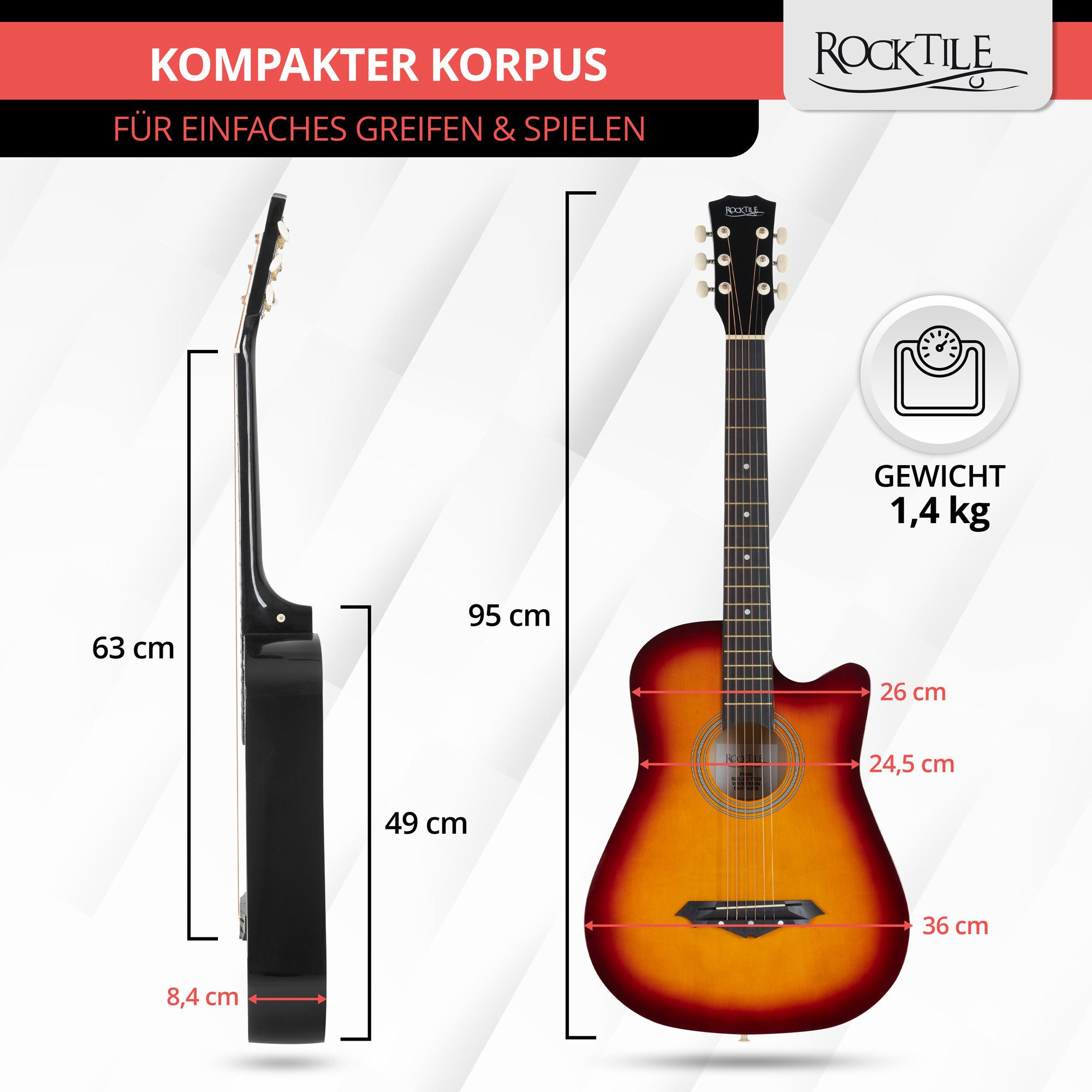 Rocktile Westerngitarre WSD-5C Slim Line Akustikgitarre Set - Dreadnought Akustik Gitarre, Set inkl. Tasche, Ersatzsaiten, Gurt und Plektren