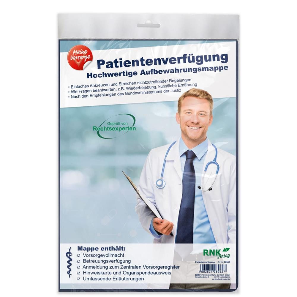 RNK Verlag Organisationsmappe Patientenverfügung für 1 Person in blauer Vorsorgemappe (1), 4-seitig, Vorsorgevollmacht, FAQ-Erklärungen, Organspendeausweis