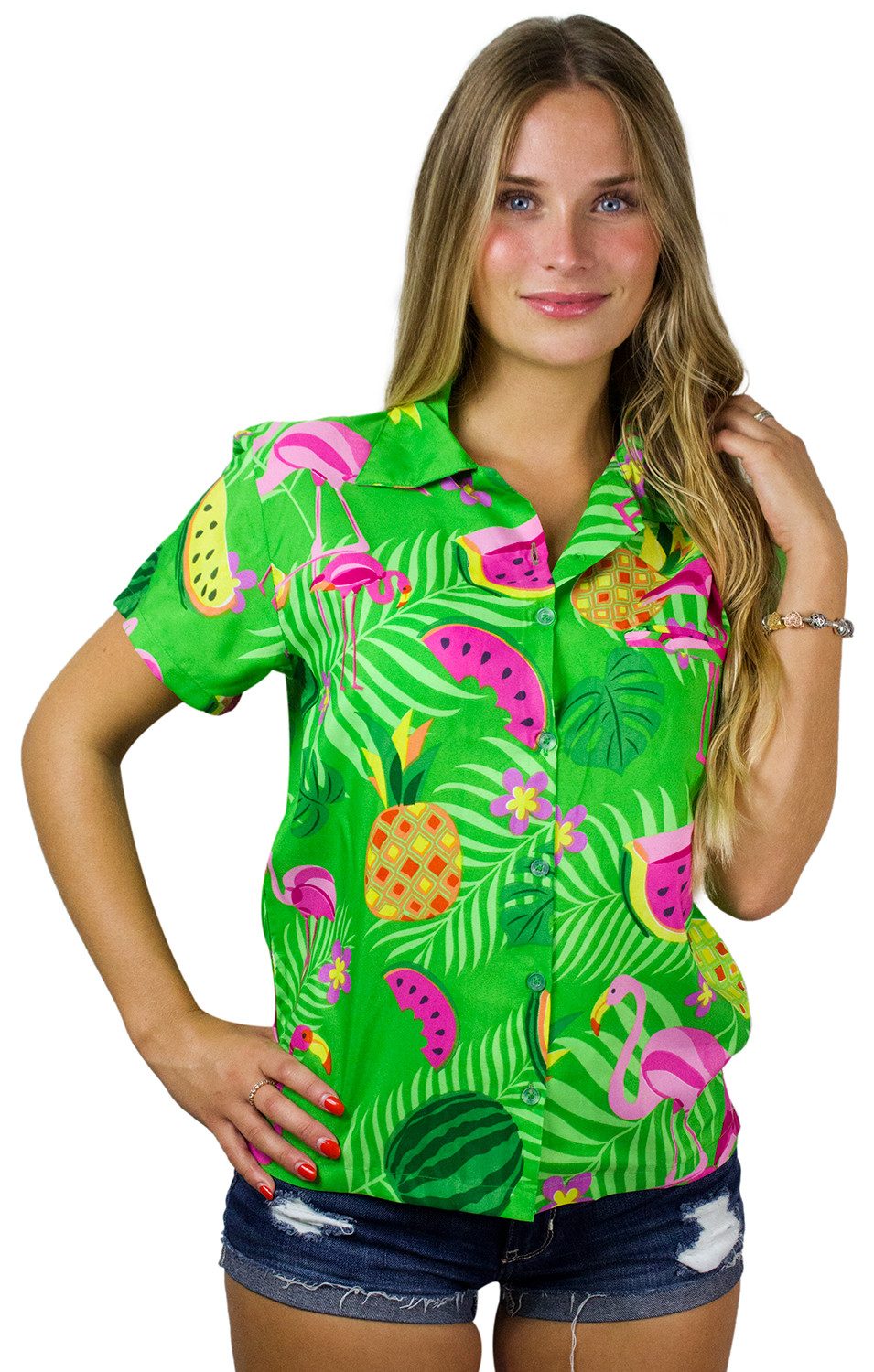 King Kameha Hawaiihemd Flamingo Melone Funky Hawaiibluse Damen Kurzarm Front-Tasche Stylish