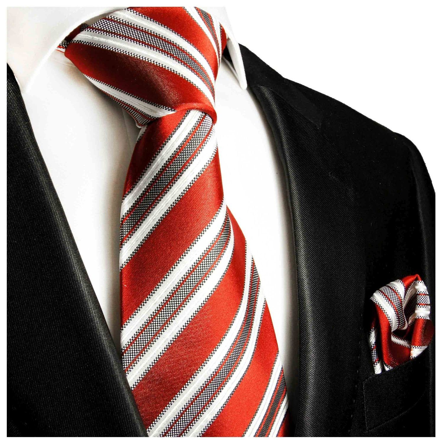 mit Schmal (6cm), 2-St., 100% Paul rot Krawatte (Set, gestreift Einstecktuch) modern Krawatte Seide Malone Tuch Seidenkrawatte mit 424 Herren