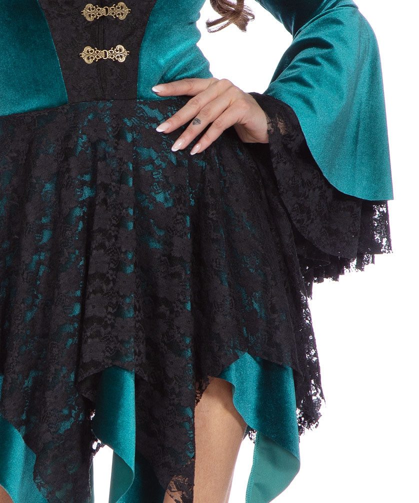 Karneval-Klamotten Hexen-Kostüm Damen Samt grün schwarz kurz hochwerig m Hexenhut, Halloweenkostüm Frauenkostüm Hexe Damenkostüm Hexenkleid mit Hexenhut