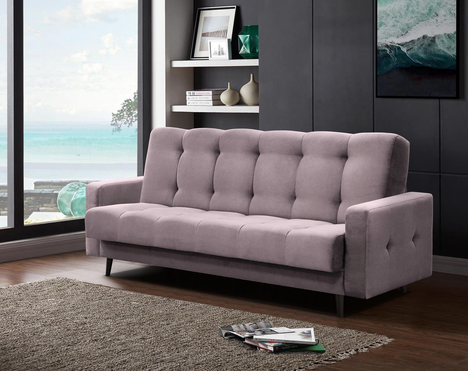 Beautysofa Schlafsofa Nancy BIS, mit Relaxfunktion, Bettkasten, Sofa mit Holzbeine, Velours-Bezug Puderrosa (kronos 27)