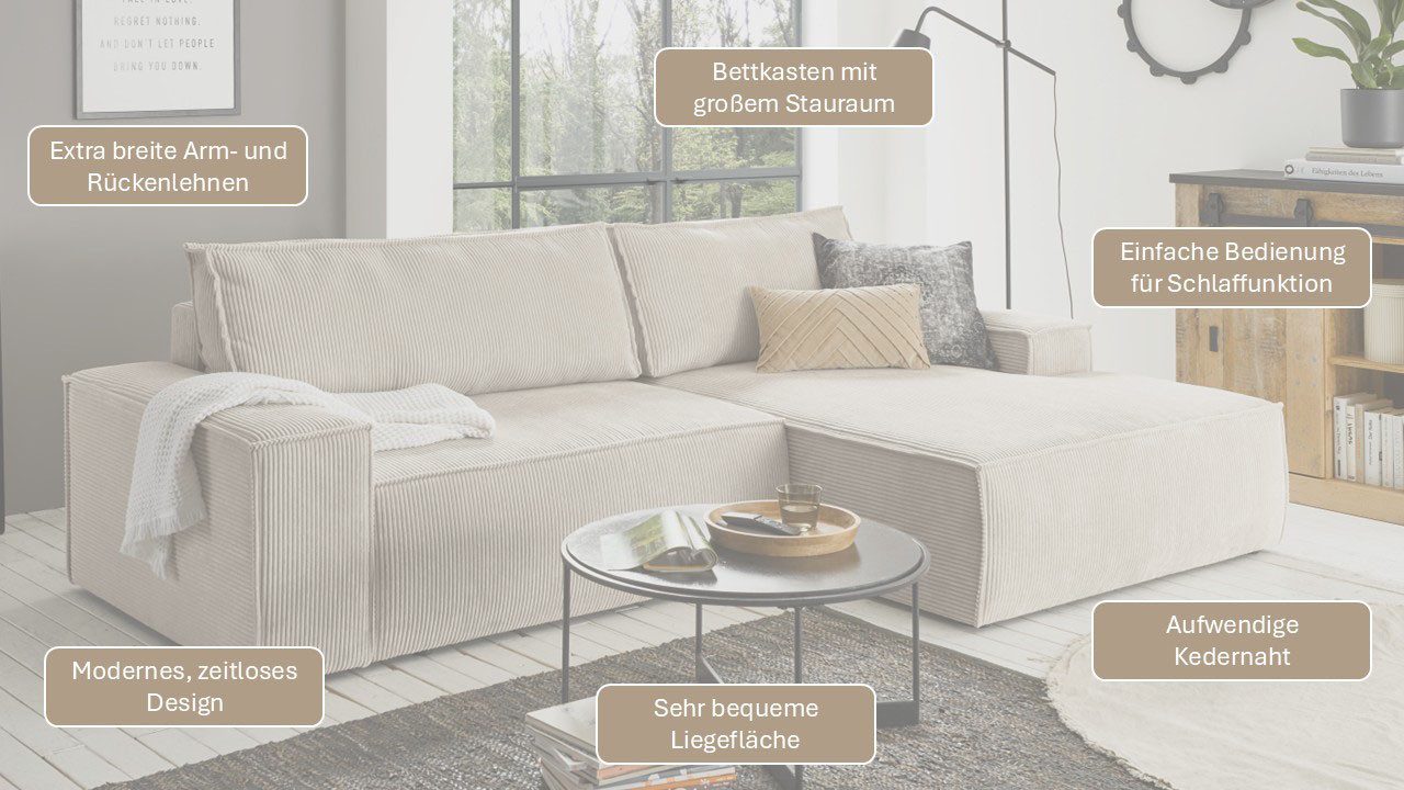 OTTO home Ecksofa SHERWOOD Cord L-Form, 267 cm - OTTO. Verlässliche Qualität., Schlaffunktion mit Bettkasten (210x136 cm), Cord, Vintage, Samtvelours – Bild 4 von 5
