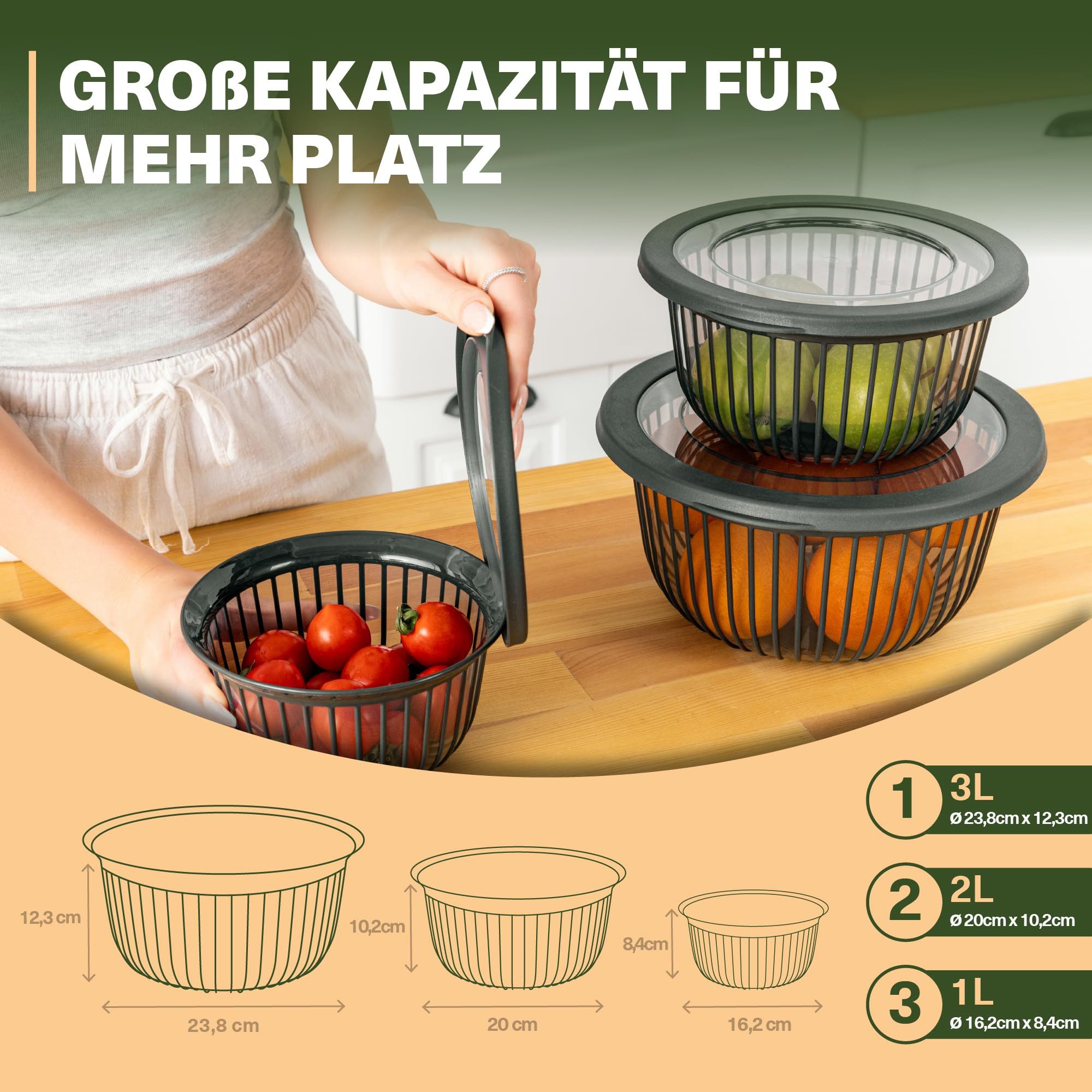 Viwares Schüssel Viwares Schüssel-Set 3er mit Deckel – 1, 2, 3 L Anthrazit, (3-tlg), Schüssel-Set 3er mit Deckel – 1, 2, 3 L Anthrazit