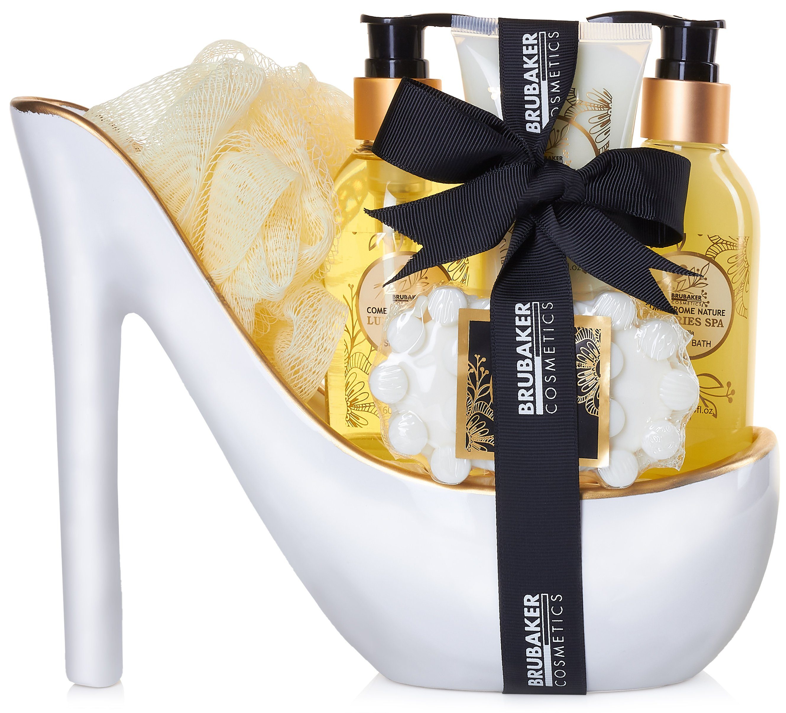 BRUBAKER Hautreinigungs-Set Dusch- und Badeset mit Vanille Spa Duft, 6-tlg., Frauen Geschenkset in Keramik Stiletto, Luxus Pflegeset in Deko High Heel für Damen