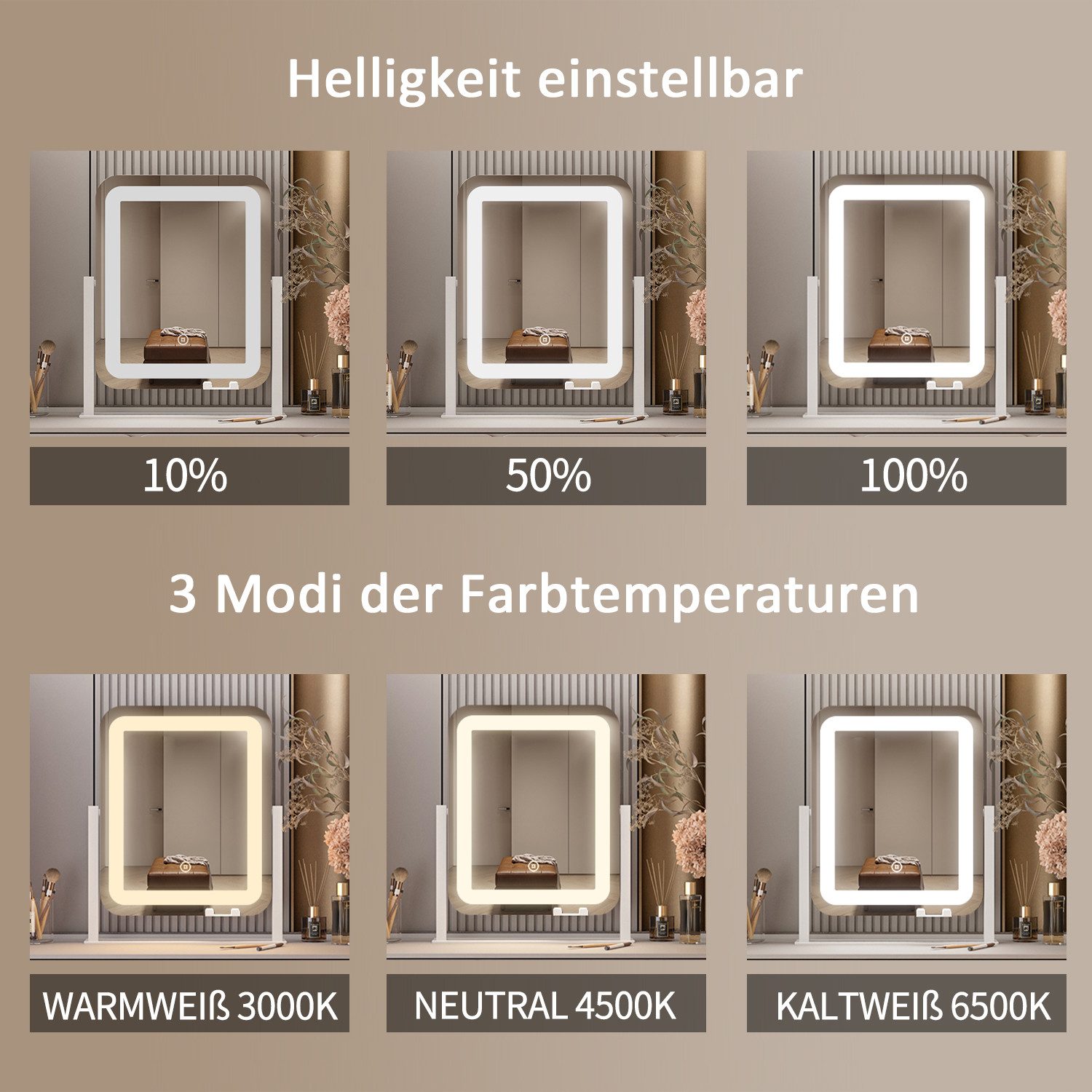 WDWRITTI Kosmetikspiegel mit beleuchtung, Handyhalterung LED Schminkspiegel (Tischspiegel mit USB-Ladeanschluss, 3Lichtmodi+Dimmbar+Memory), 360° Drehbar, mit Netzadapter
