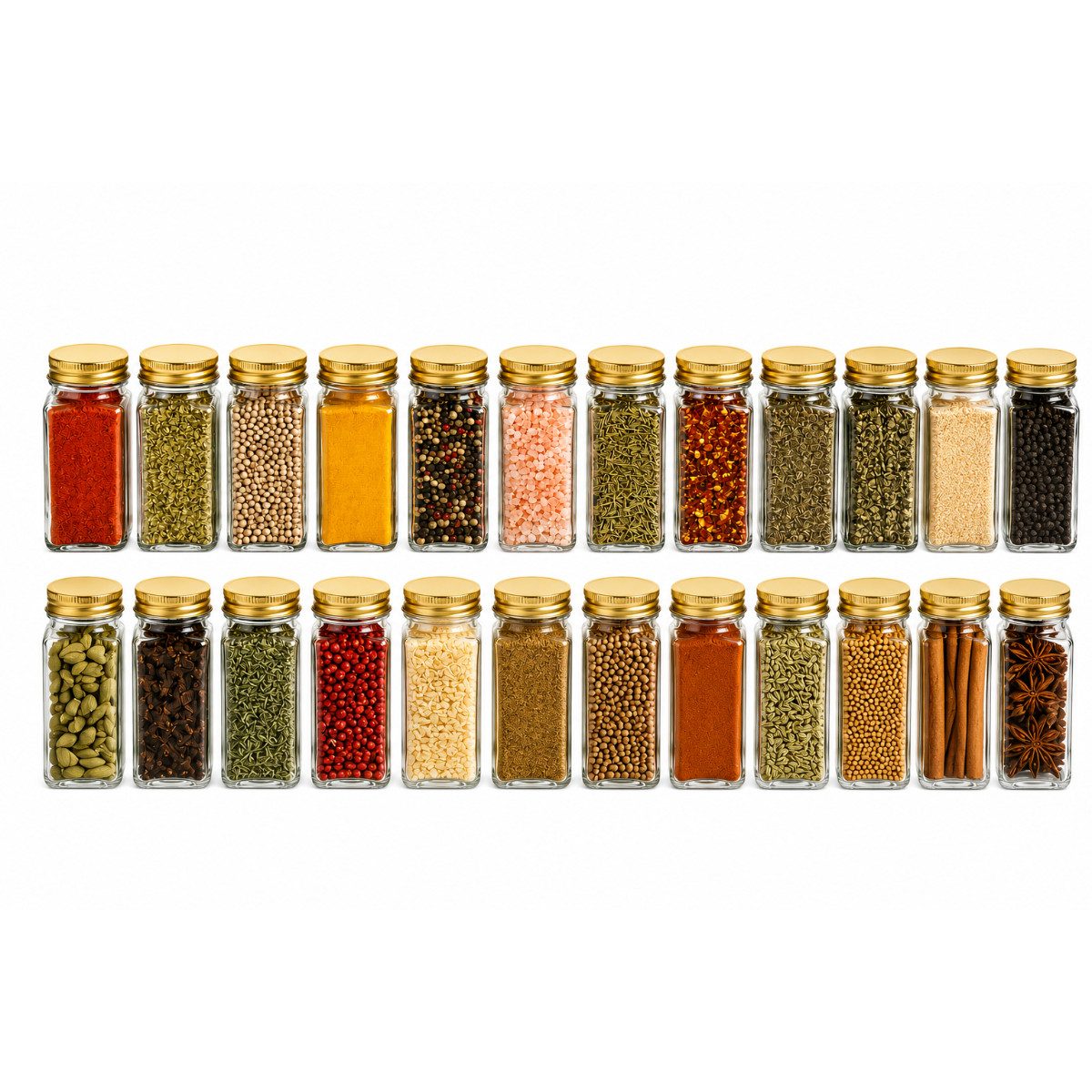 R2 Invest Gewürzbehälter Gewürzgläser Set aus Glas 24 teilig 120 ml mit Etiketten, (24-tlg)