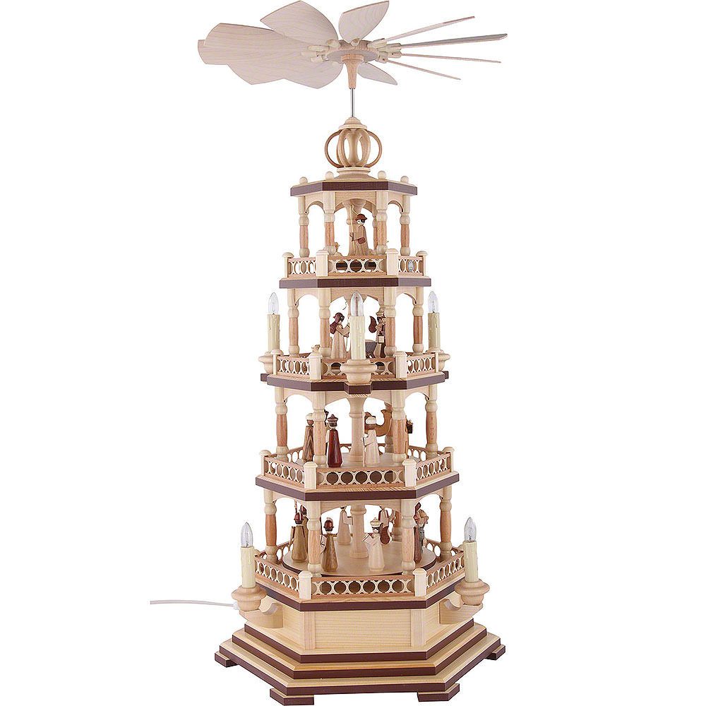 Müller Kleinkunst GmbH Seiffen Weihnachtspyramide 4-stöckige Pyramide Heilige Geschichte - 70cm - 230 V Elektromotor von