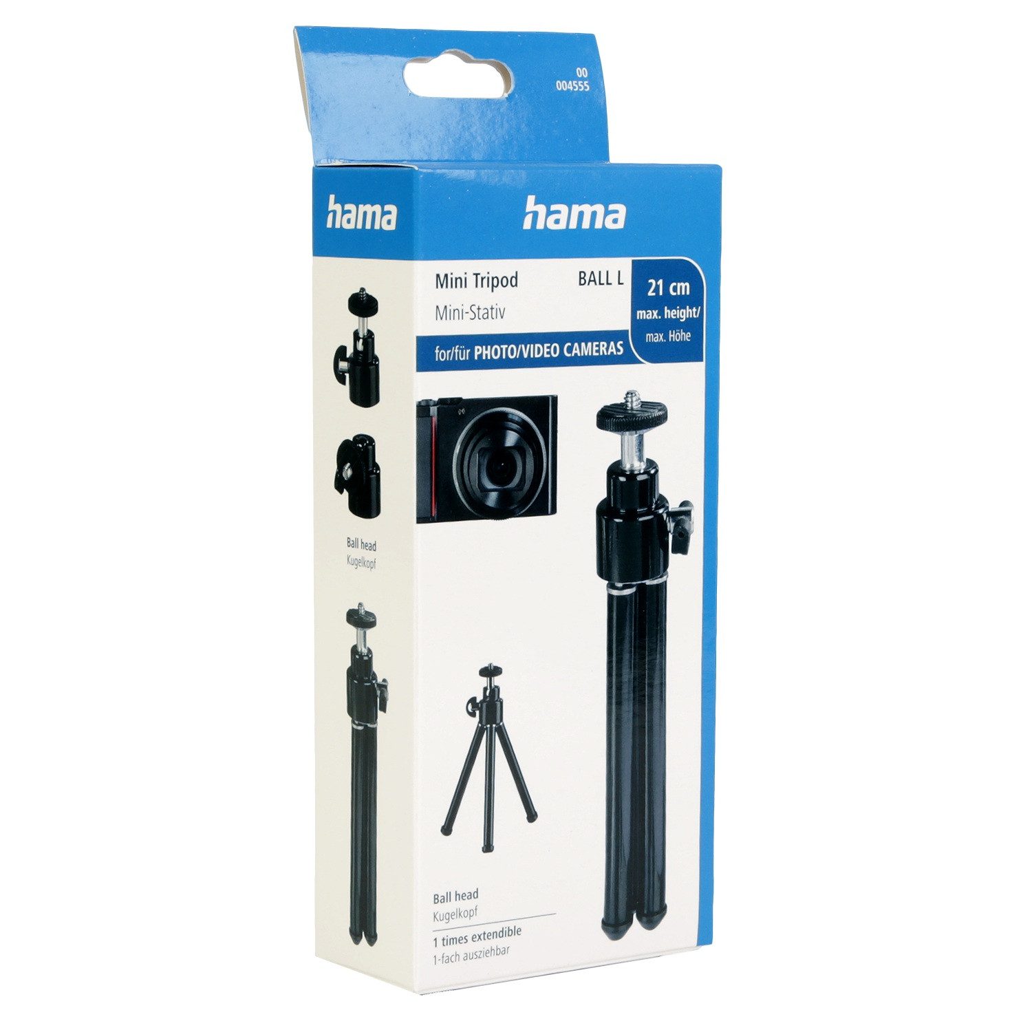 Hama Mini-Stativ Ball L Tripod 14-21cm Schwarz/Silber Kamerastativ (Dreibein Kugelkopf Tischstativ für Foto Kamera 3D 1/4" Zoll Gewinde)