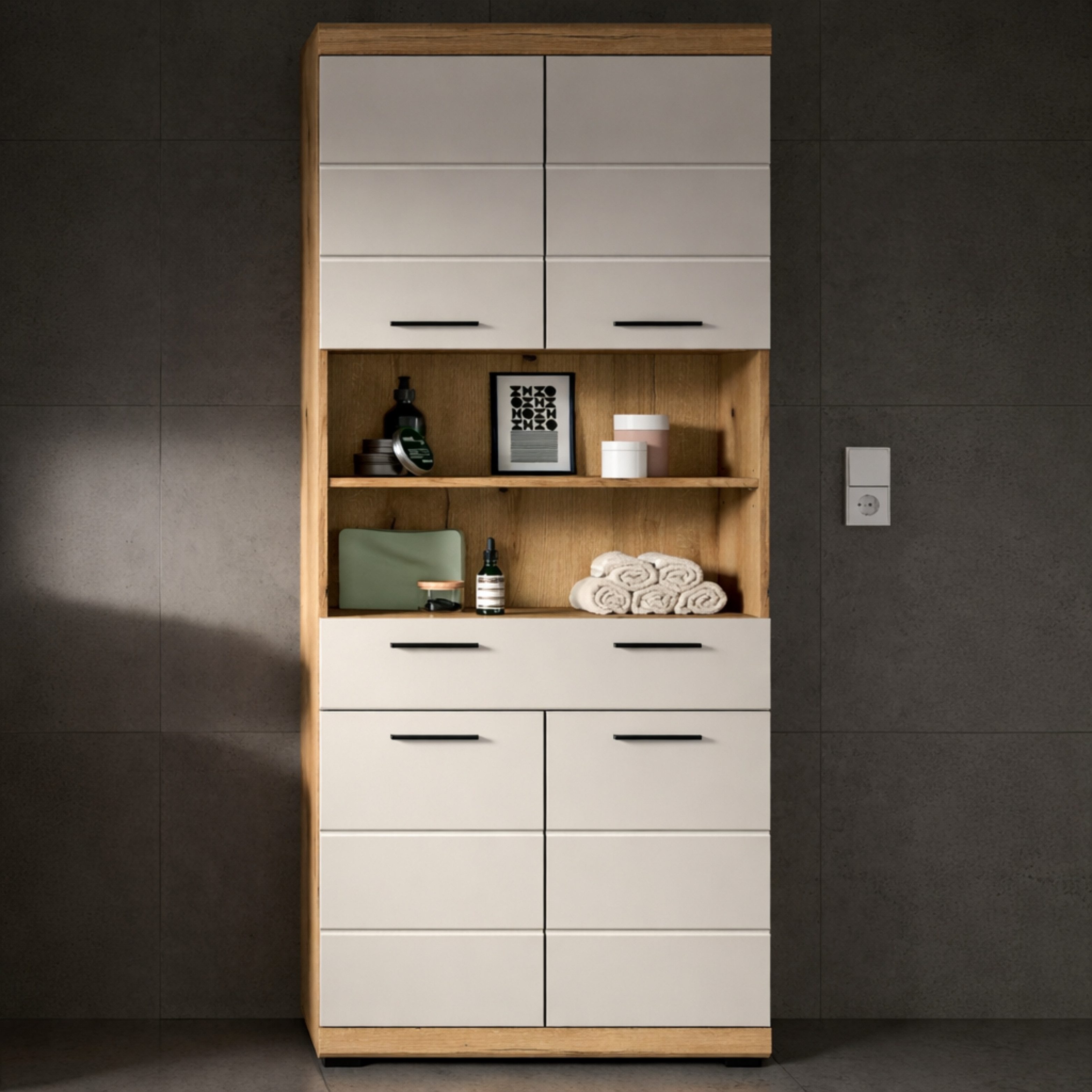 furnling Hochschrank Scott 4 Türen, 1 Schublade, 2 offene Fächer, Badmöbel, Badschrank – Bild 2 von 5
