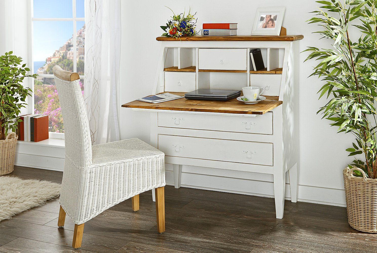 1a Direktimport Sekretär Sekretär Schreibtisch Mexico - Pinie massiv weiß natur - Landhausmöbel