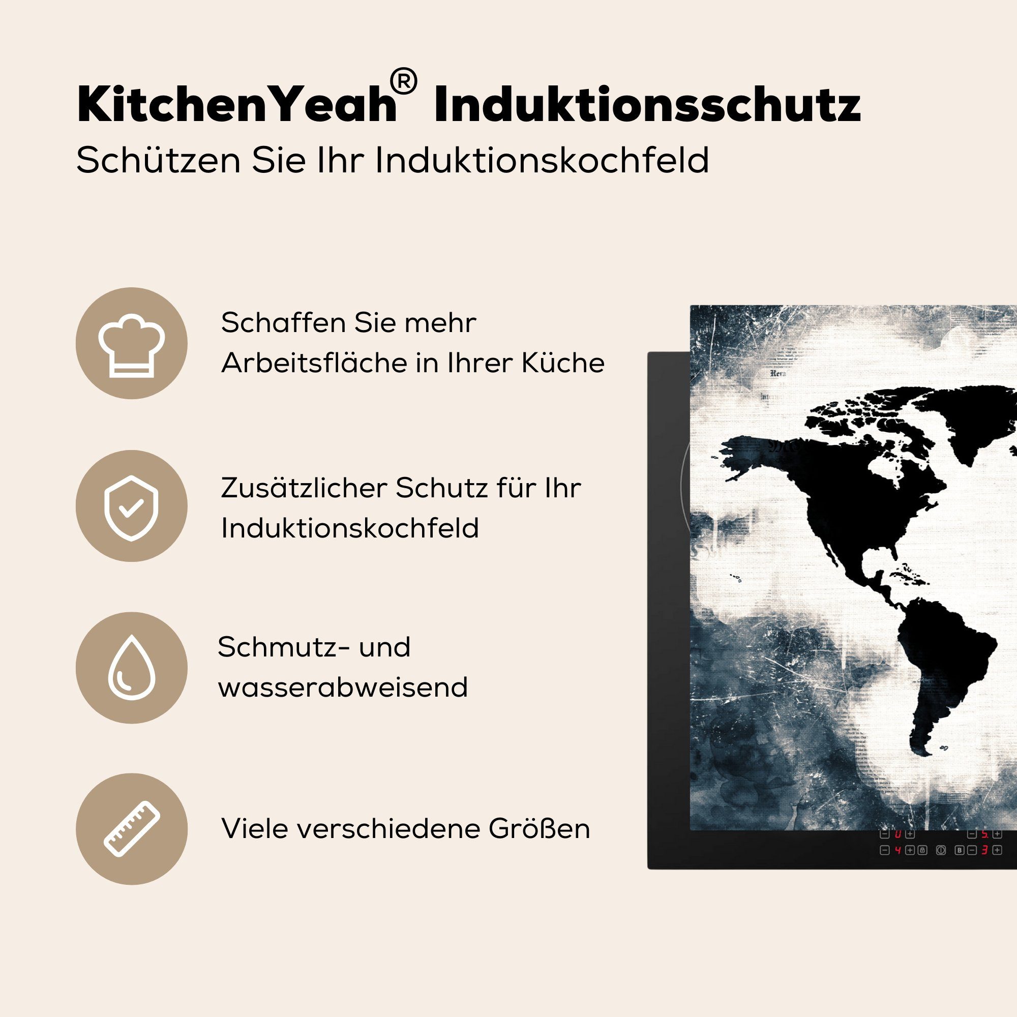 die Schwarz, küche, (1 Vinyl, Weltkarte Ceranfeldabdeckung tlg), cm, Holz Induktionskochfeld Herdblende-/Abdeckplatte für - 81x52 Schutz - MuchoWow