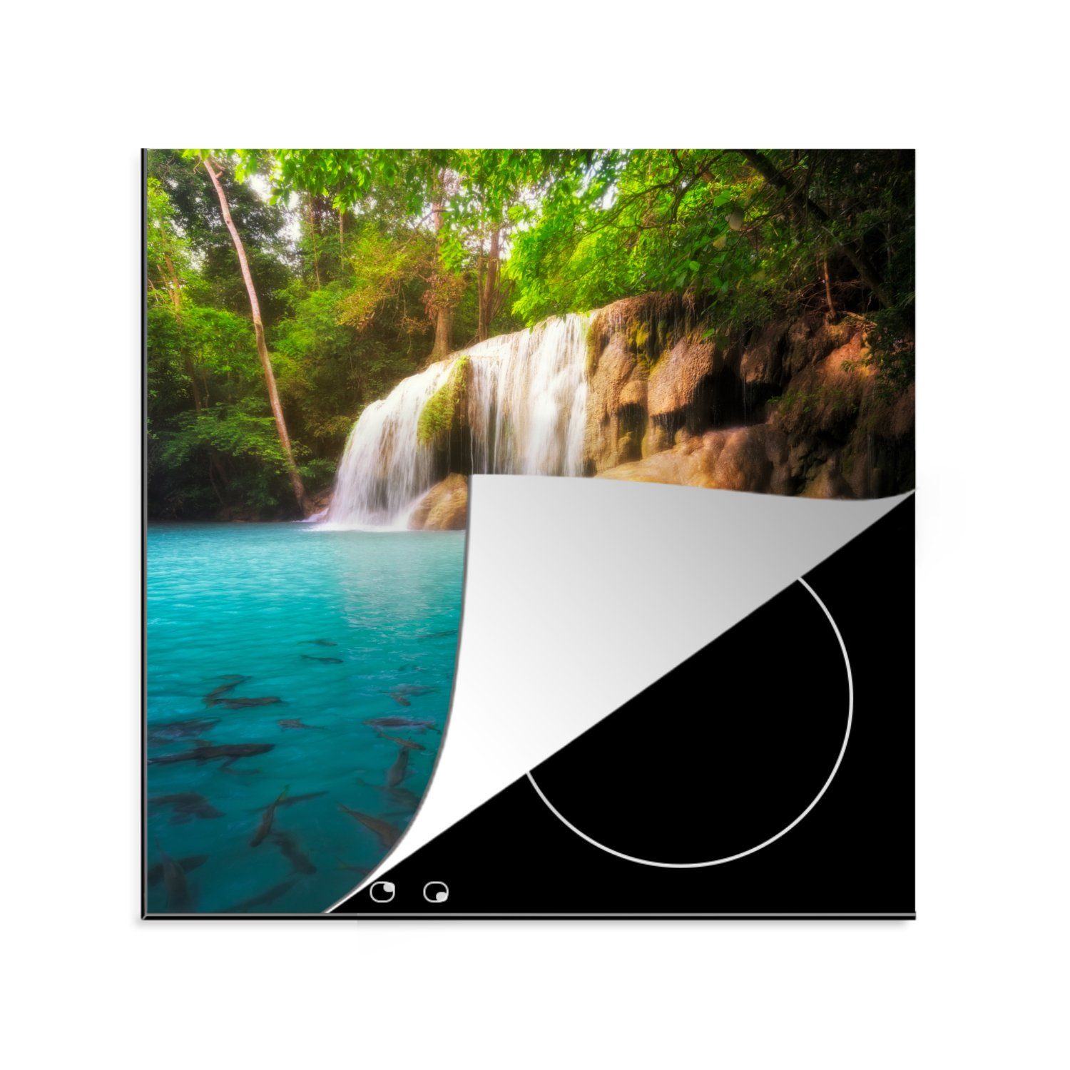 im Erawan-Nationalpark MuchoWow Angeln Vinyl, Ceranfeldabdeckung, Blick 78x78 einen im für cm, tlg), küche Wasserfall, Wasser (1 Herdblende-/Abdeckplatte Arbeitsplatte auf mit
