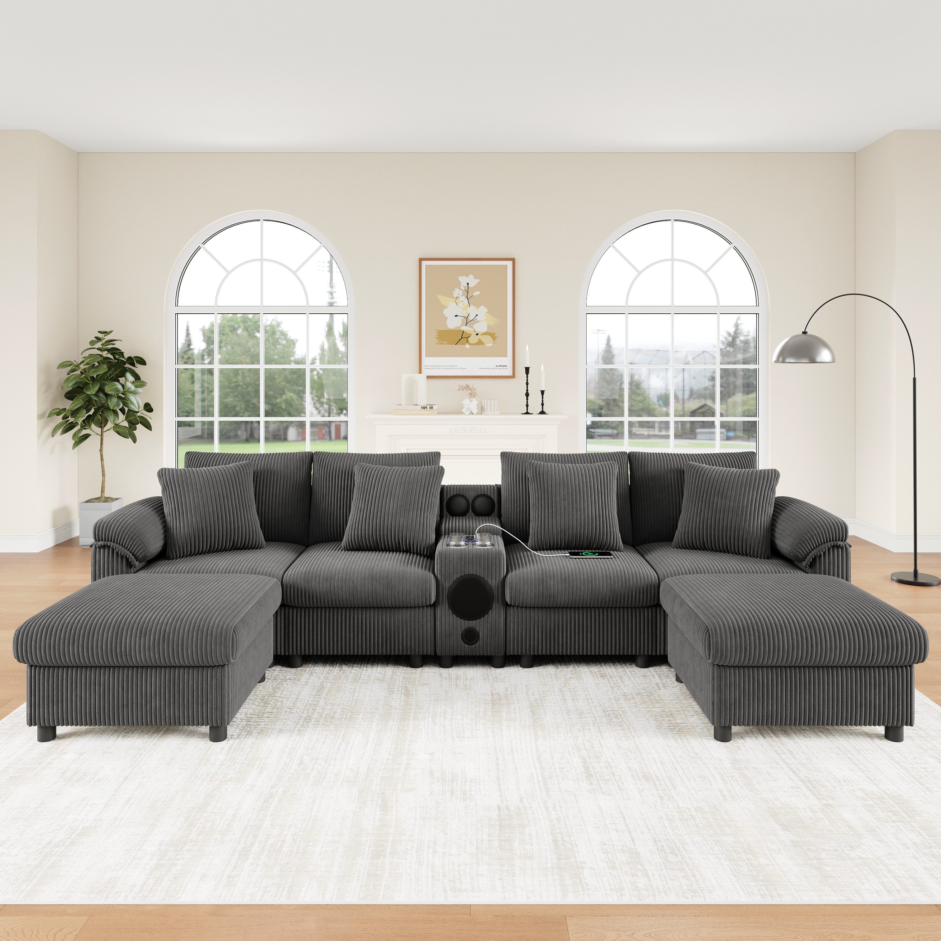 REDOM Wohnlandschaft Inklusive Konsole mit Bluetooth & USB, Wireless Charging, Stauraum & Getränkehalter 1 Teile, Geräumiges Sofa 315,5x144x84,5 cm in Grau