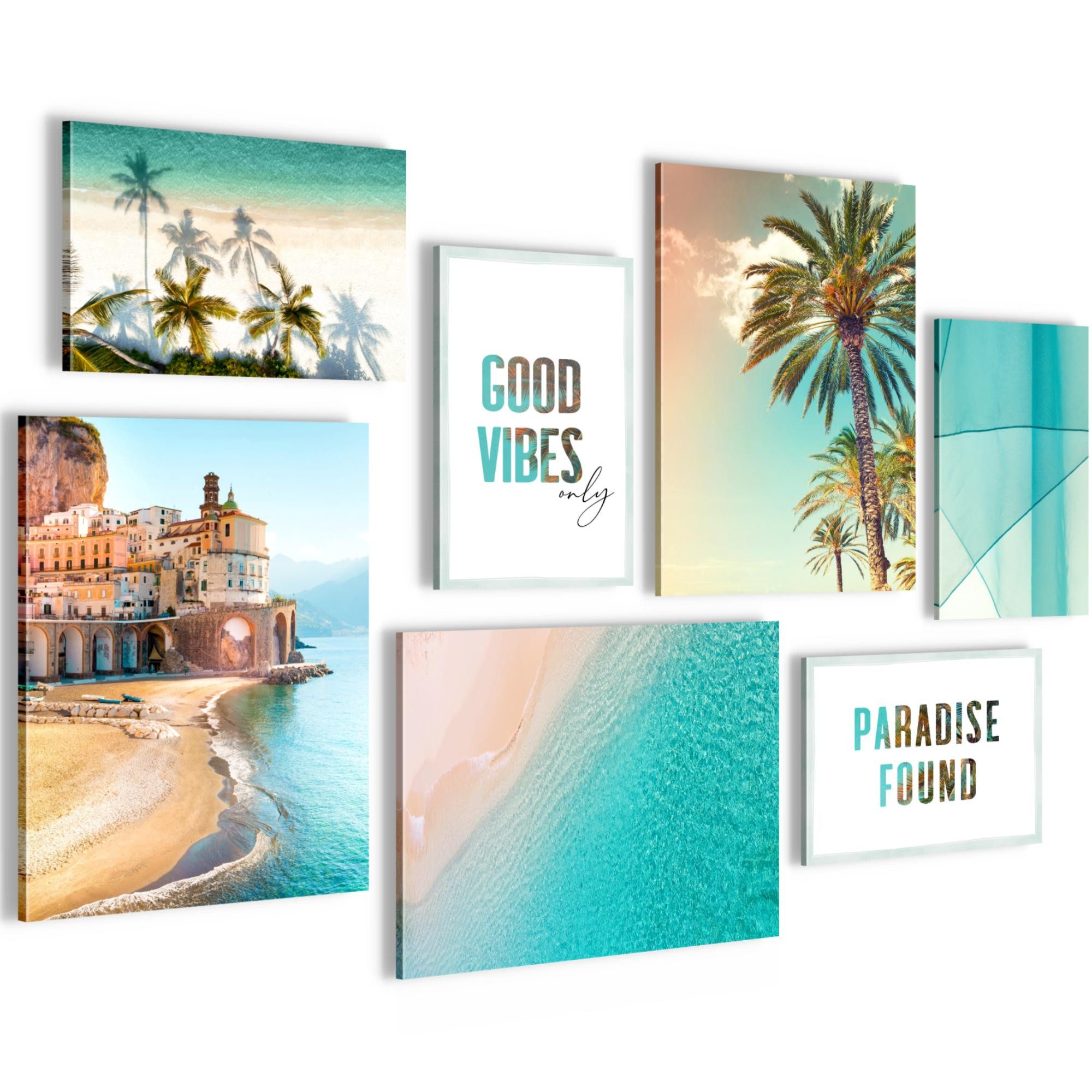 Novart Wandbild Strand Meer Palmen AUFHÄNGFERTIG Blau Grün Travel 7 N012071a, 110L x 73B cm