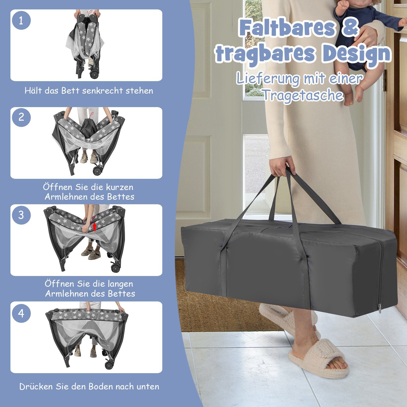 COSTWAY Reisebett 5 in 1 Beistellbett mit Matratze & Spieluhr