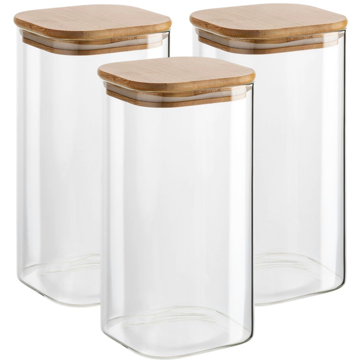 gouveo Vorratsglas Vorratsgläser aus Borosilikatglas Quadrat mit Bambus-Deckel, (3-tlg., 1500 ml)