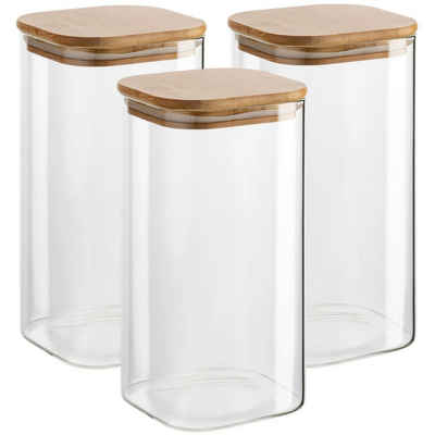 gouveo Vorratsglas Vorratsgläser aus Borosilikatglas Quadrat mit Bambus-Deckel, (3-tlg., 1500 ml)