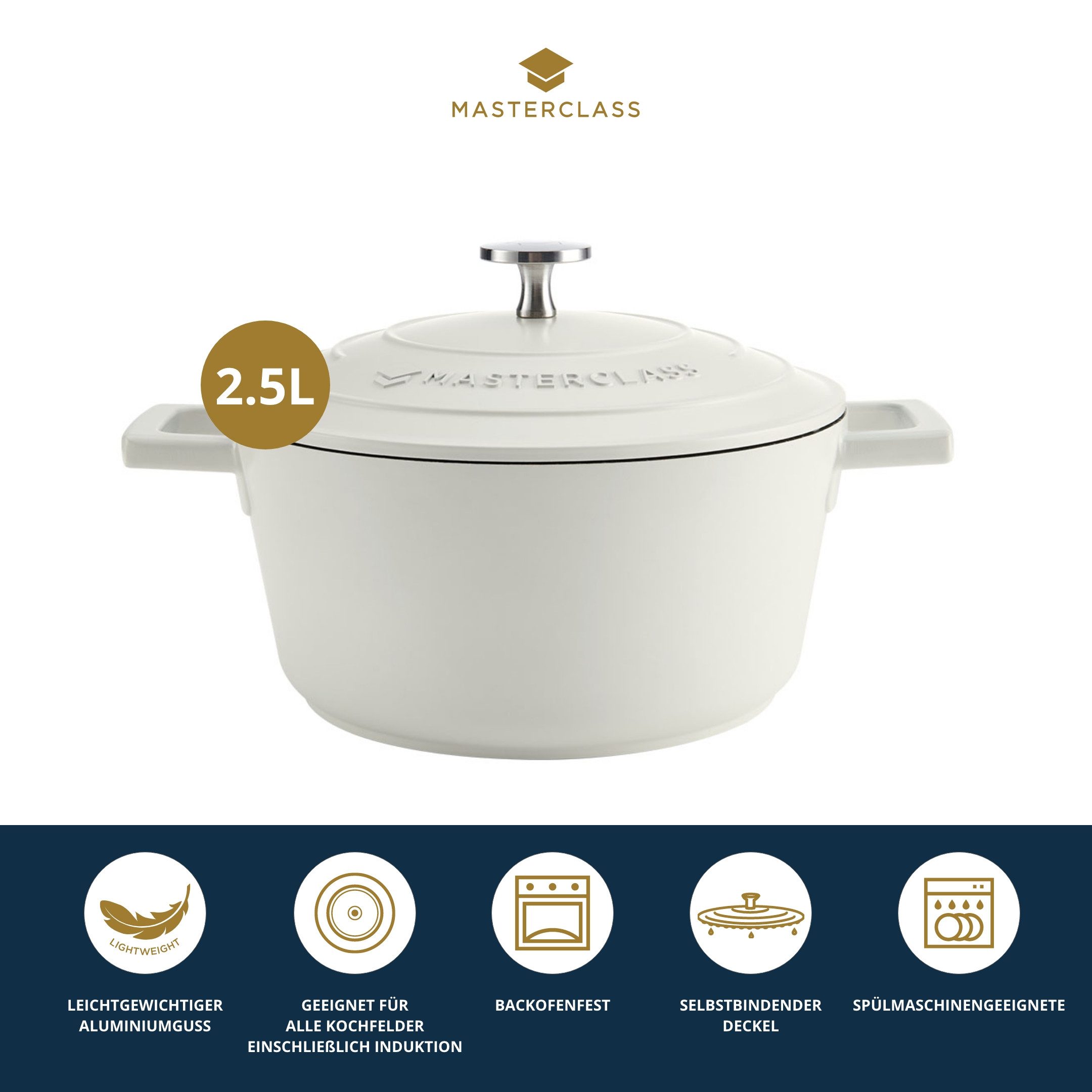 MasterClass Kasserolle MasterClass, Aluminiumguss, 2,5 Liter, rund, ultraleicht,kratzfeste Antihaftbeschichtung,Induktion