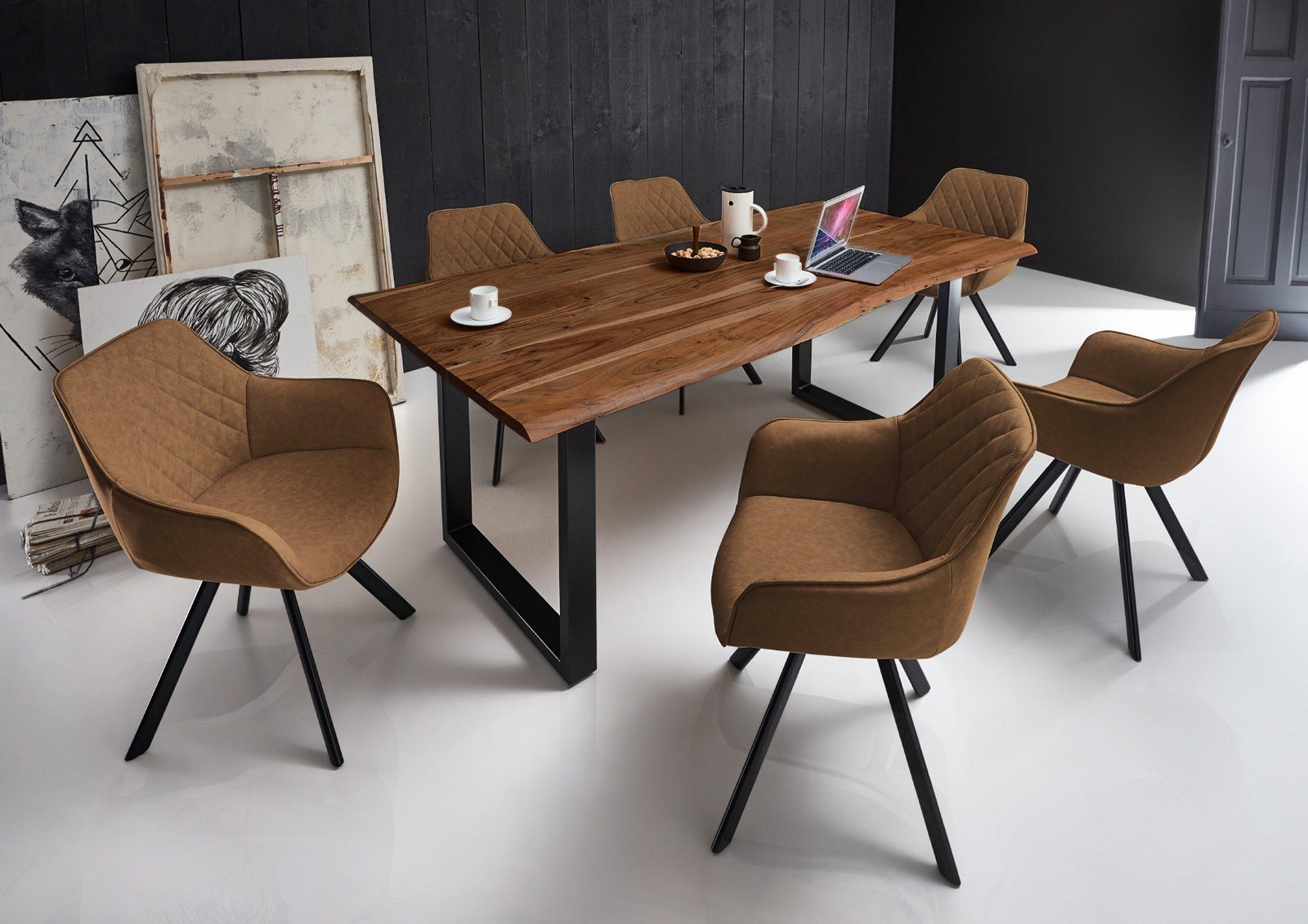 Junado® Essgruppe Milo, 7-teilig mit Tisch Baumkante und 6x Stuhl ALINA