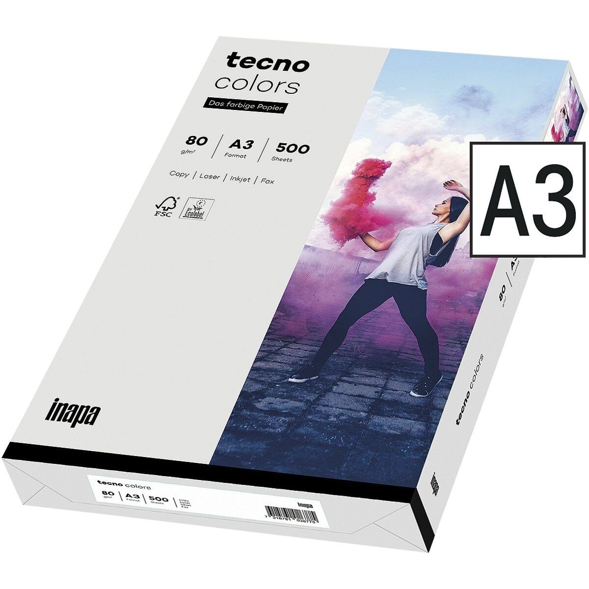 Blatt Inapa Kopierpapier Drucker- DIN tecno Colors, A3, Rainbow Pastellfarben, und 80 500 Format tecno grau g/m², /