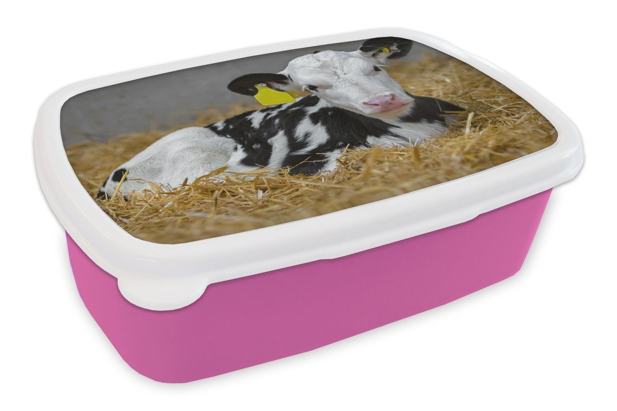 MuchoWow Lunchbox Kuh - Stroh - Kalb - Tier, Kunststoff, (2-tlg), Brotbox für Erwachsene, Brotdose Kinder, Snackbox, Mädchen, Kunststoff rosa